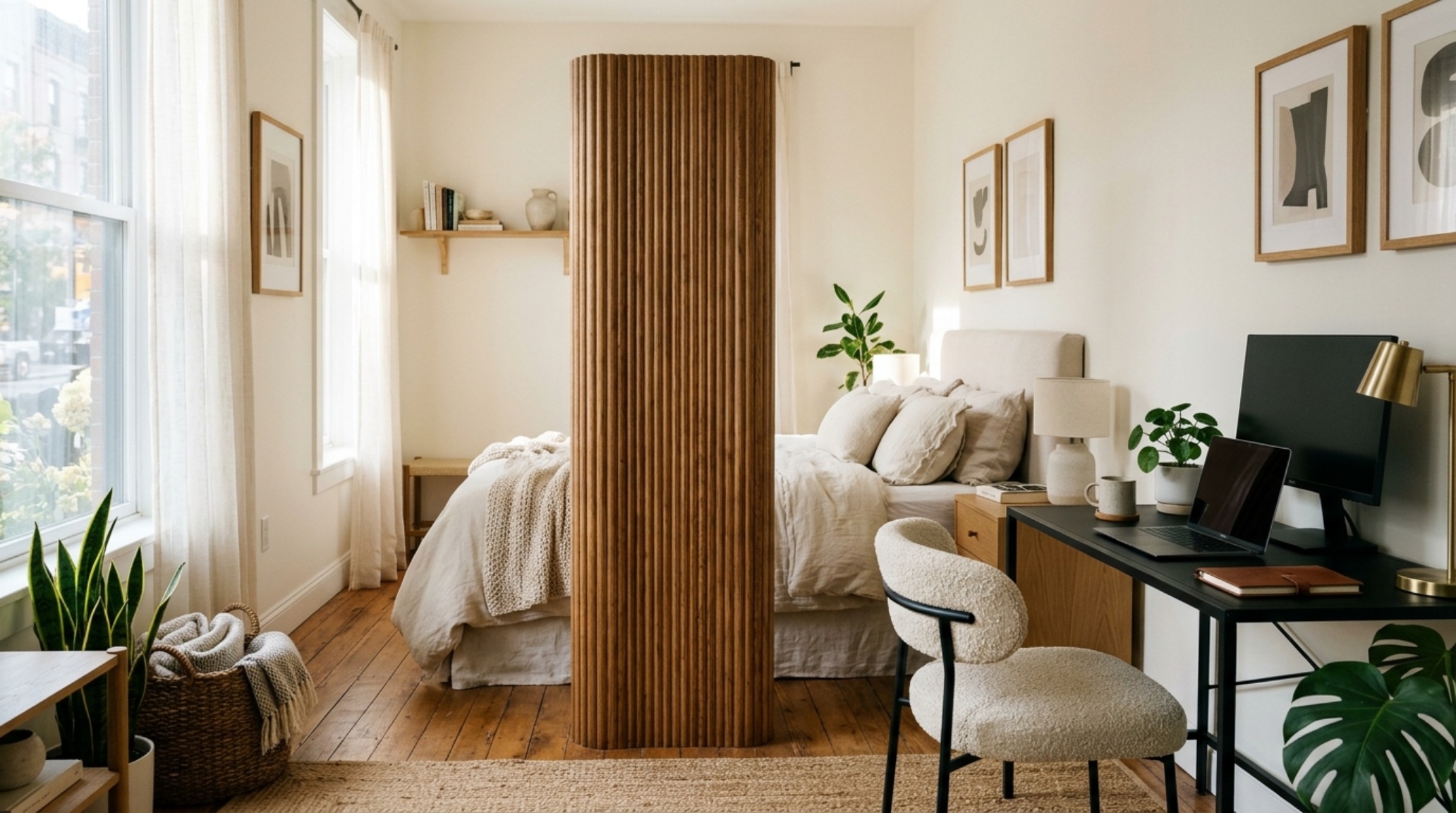 studio apartment decorating ideas utilizing a fluted white oak room divider and a mix of jute and sheepskin rugs to define living zones. studio apartment decorating ideas utilizing a fluted white oak room divider and a mix of jute and sheepskin rugs to define living zones.