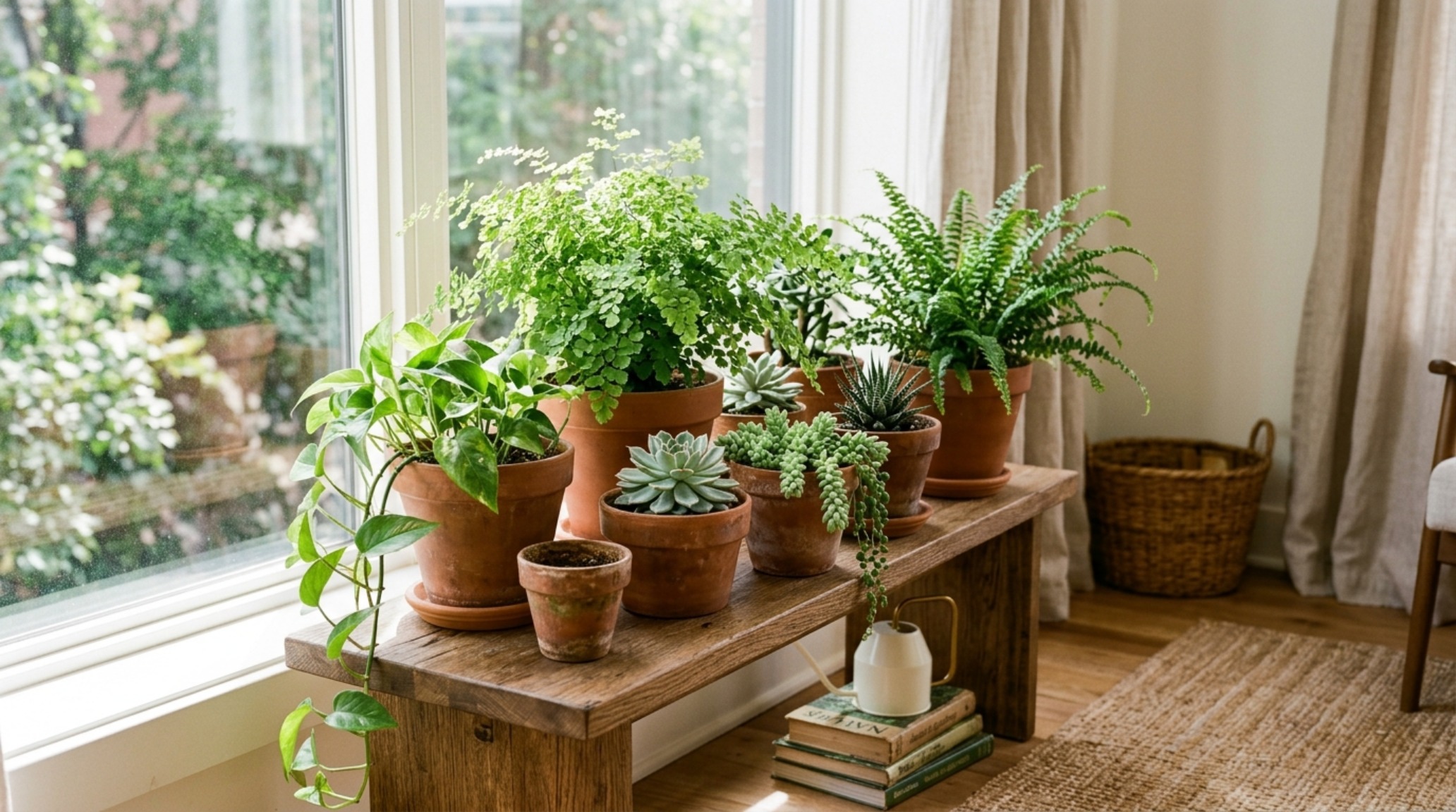 biophilic apartment decor including a large Ficus Lyrata plant beside a honed travertine side table and natural light from a 35mm lens perspective. biophilic apartment decor including a large Ficus Lyrata plant beside a honed travertine side table and natural light from a 35mm lens perspective.