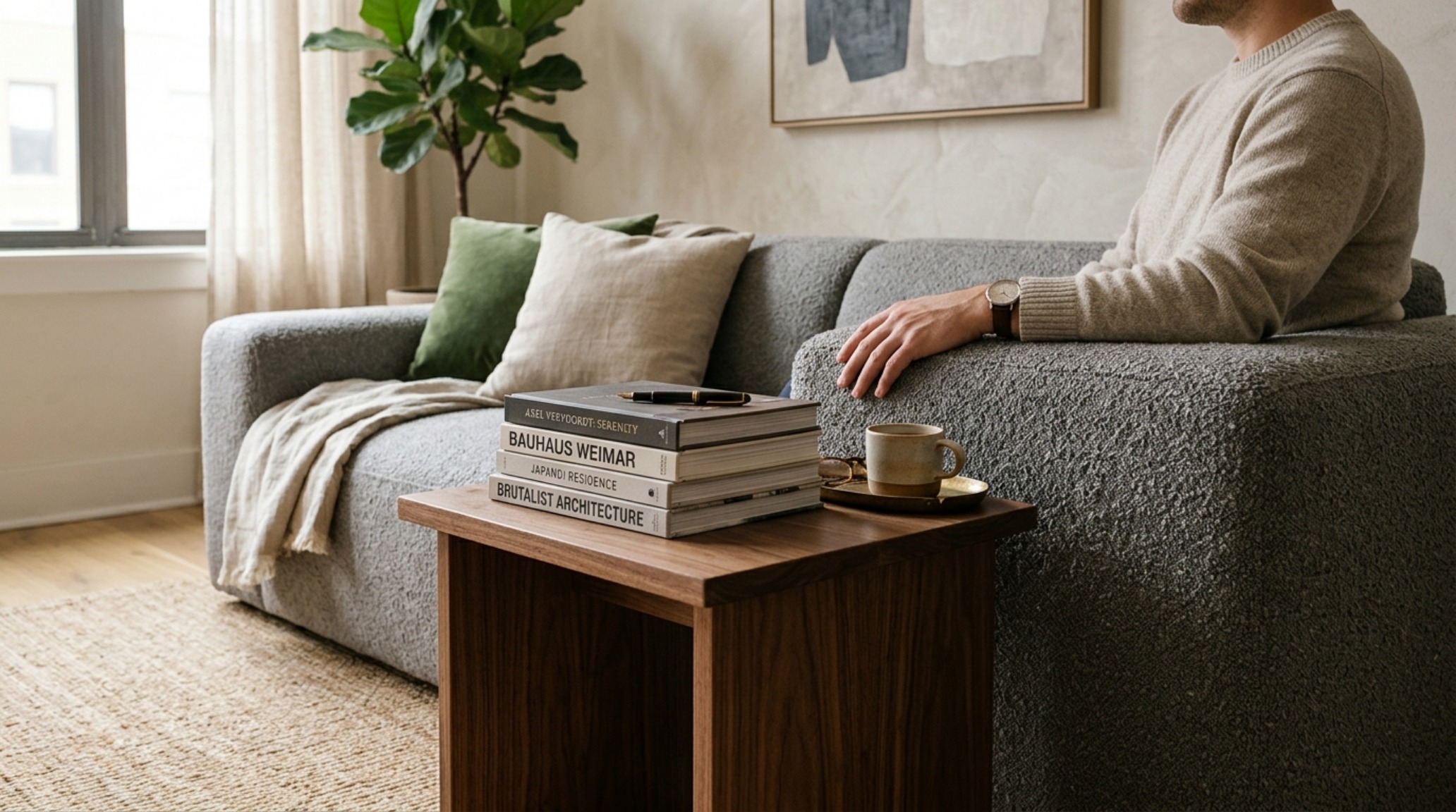 ergonomic apartment living room detail of a low-slung modular sofa in textured grey bouclé with an integrated walnut side table. ergonomic apartment living room detail of a low-slung modular sofa in textured grey bouclé with an integrated walnut side table.