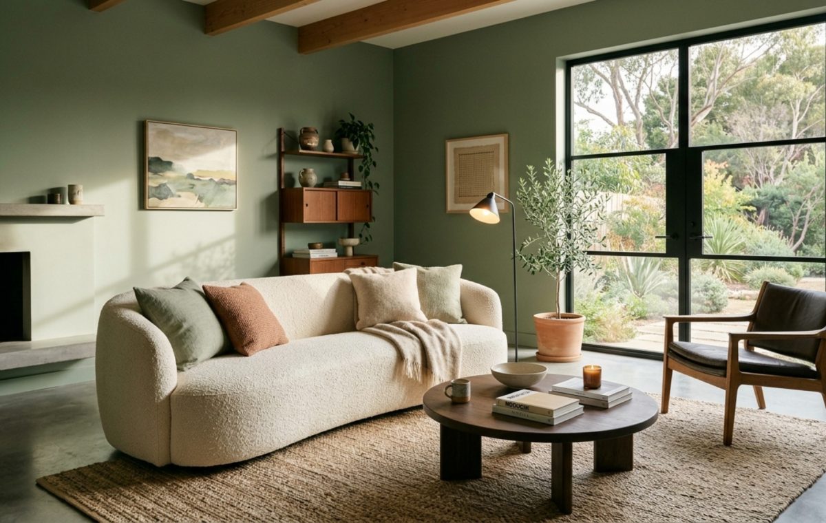 A wide-angle editorial shot of an organic modern living room featuring a low-profile cream bouclé sofa against matte sage green walls and a large jute rug.