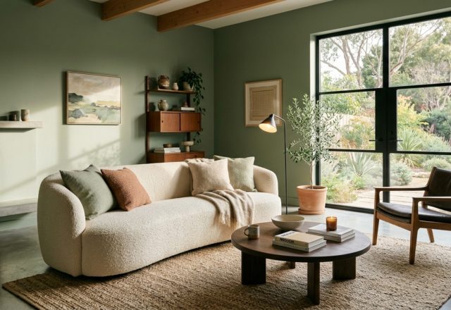 A wide-angle editorial shot of an organic modern living room featuring a low-profile cream bouclé sofa against matte sage green walls and a large jute rug.