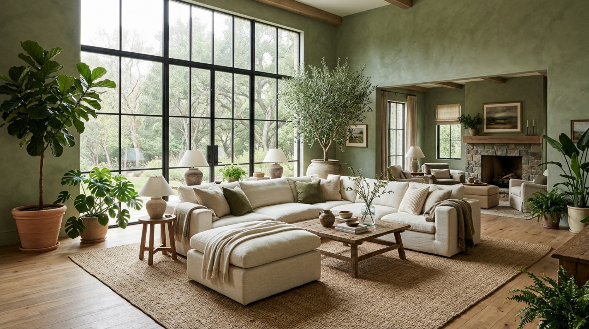 An earthy neutral living room featuring a limewash sage wall finish and an oversized cream sectional for a restorative biophilic feel.