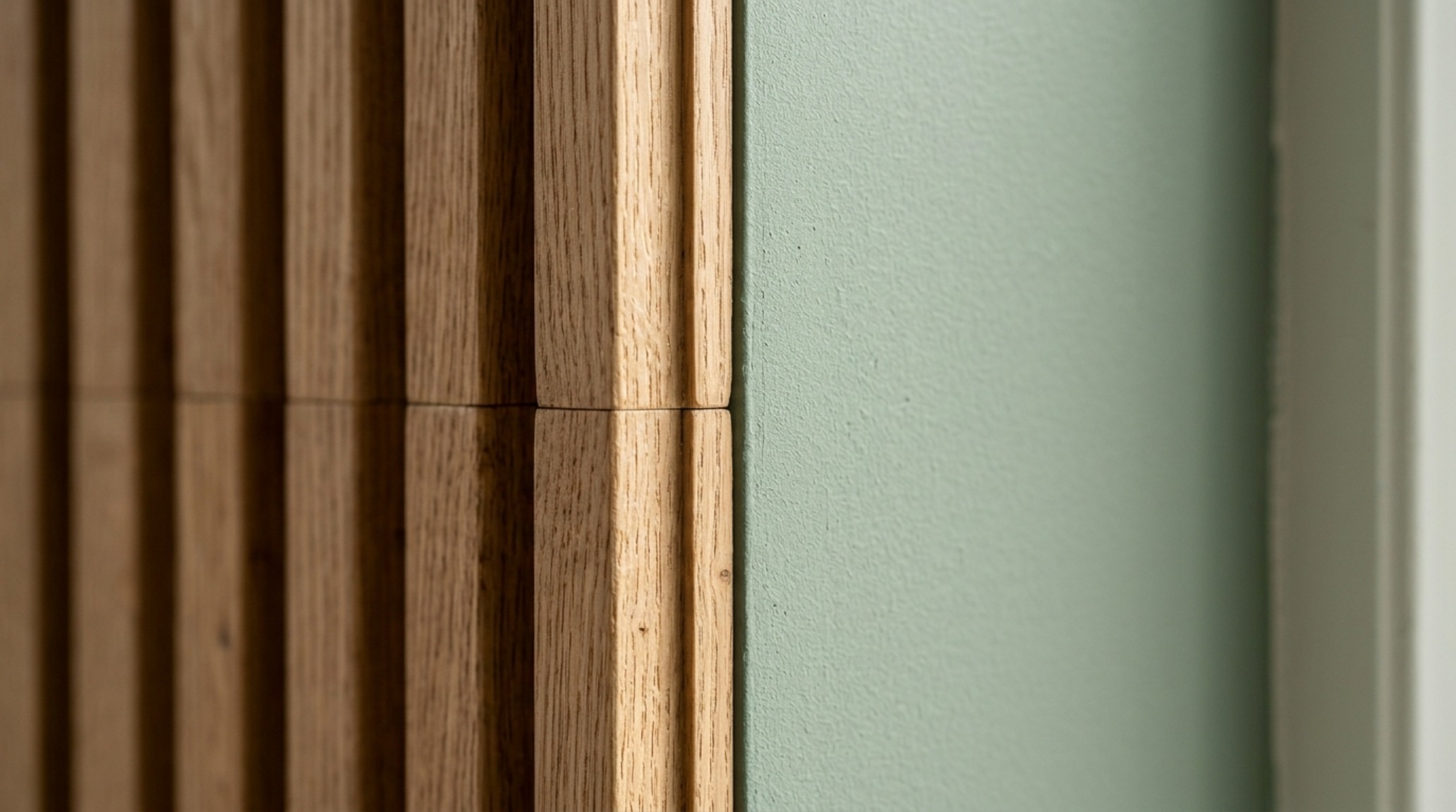 Close-up of a fluted oak wall paneling detail reflecting soft morning light next to a matte sage green painted surface.
