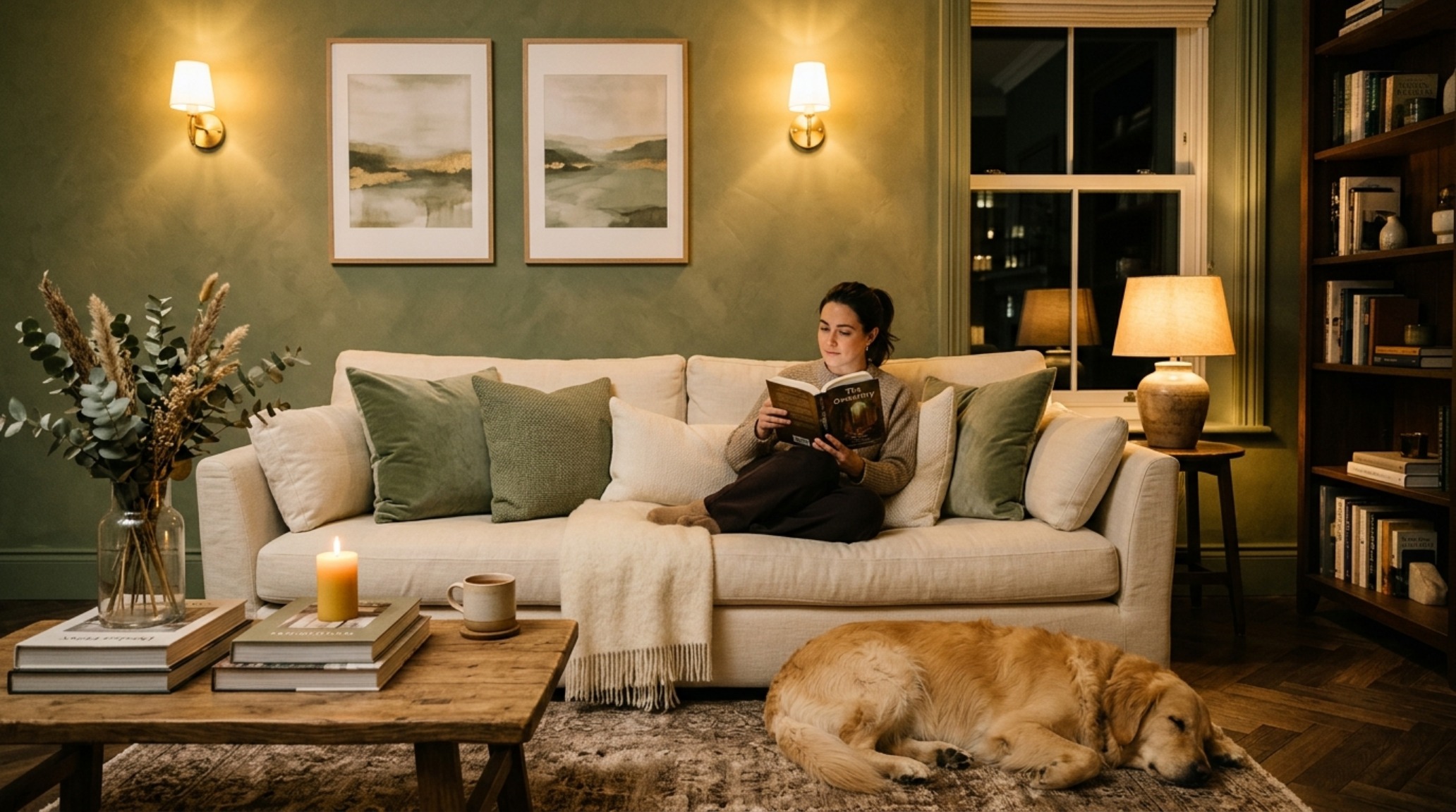 Evening perspective of a sage green living room showing the 'glow-from-within' effect of 2700K lighting on warm-toned green paint.