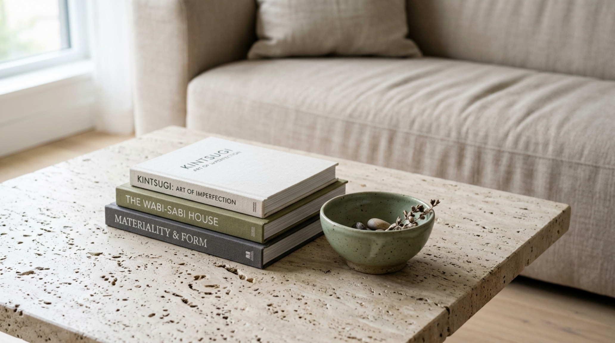 Close-up of a raw travertine coffee table styled with architectural books and a ceramic vase, emphasizing the 18-inch reach from a beige sofa.