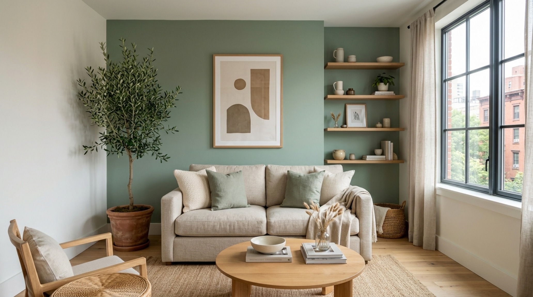 A small space living room solution showing a sage green accent wall and a tall olive tree in a terracotta pot to create a biophilic retreat.