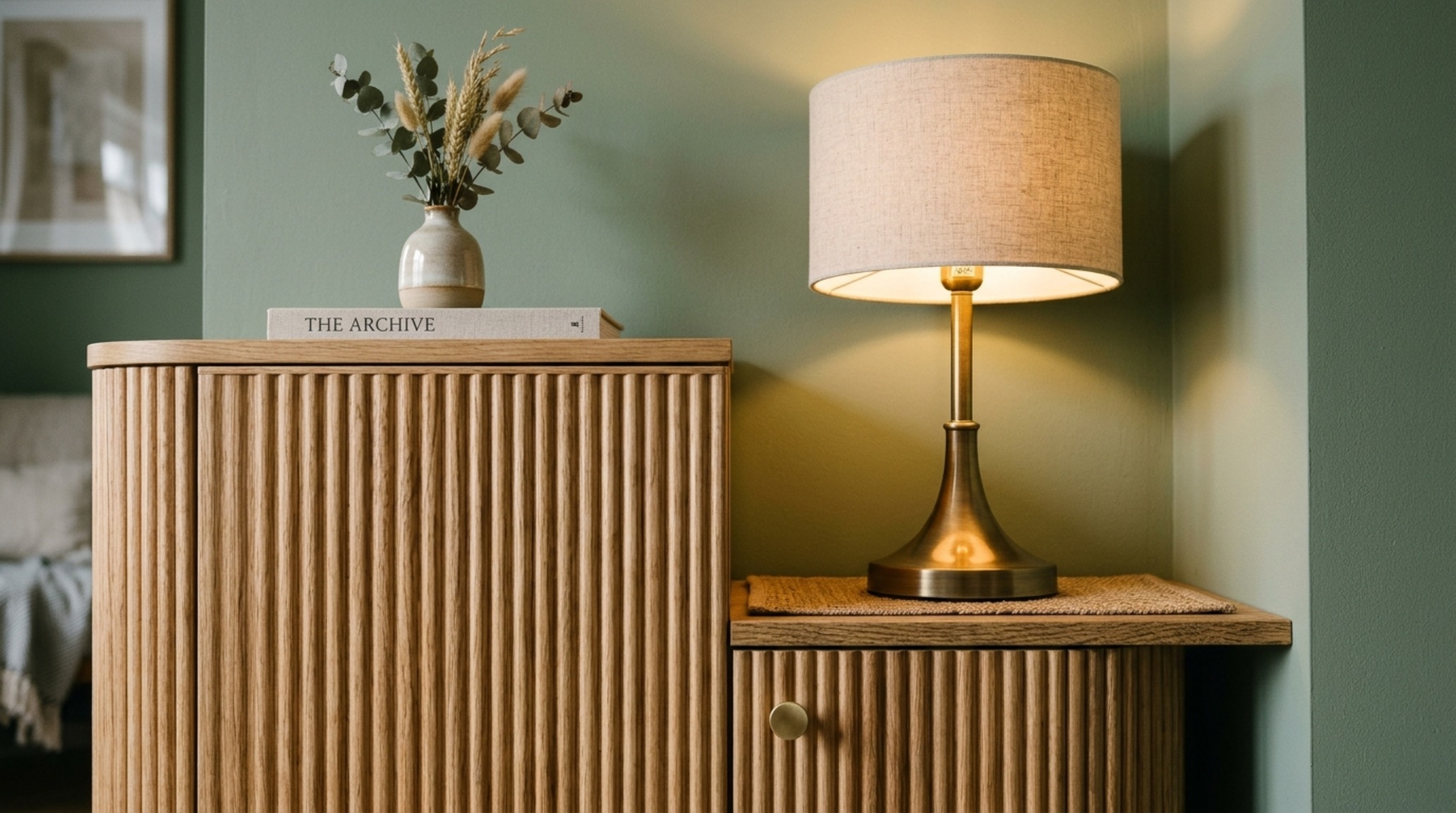 Detailed lighting composition featuring a brushed brass floor lamp casting a warm 2700K glow on a fluted white oak media console.