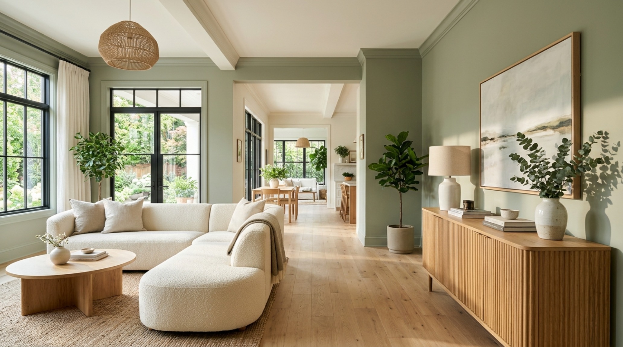 Architectural view of a light-drenched living room with Benjamin Moore Swiss Coffee trim and sage green walls, highlighting 36-inch walkway clearances.