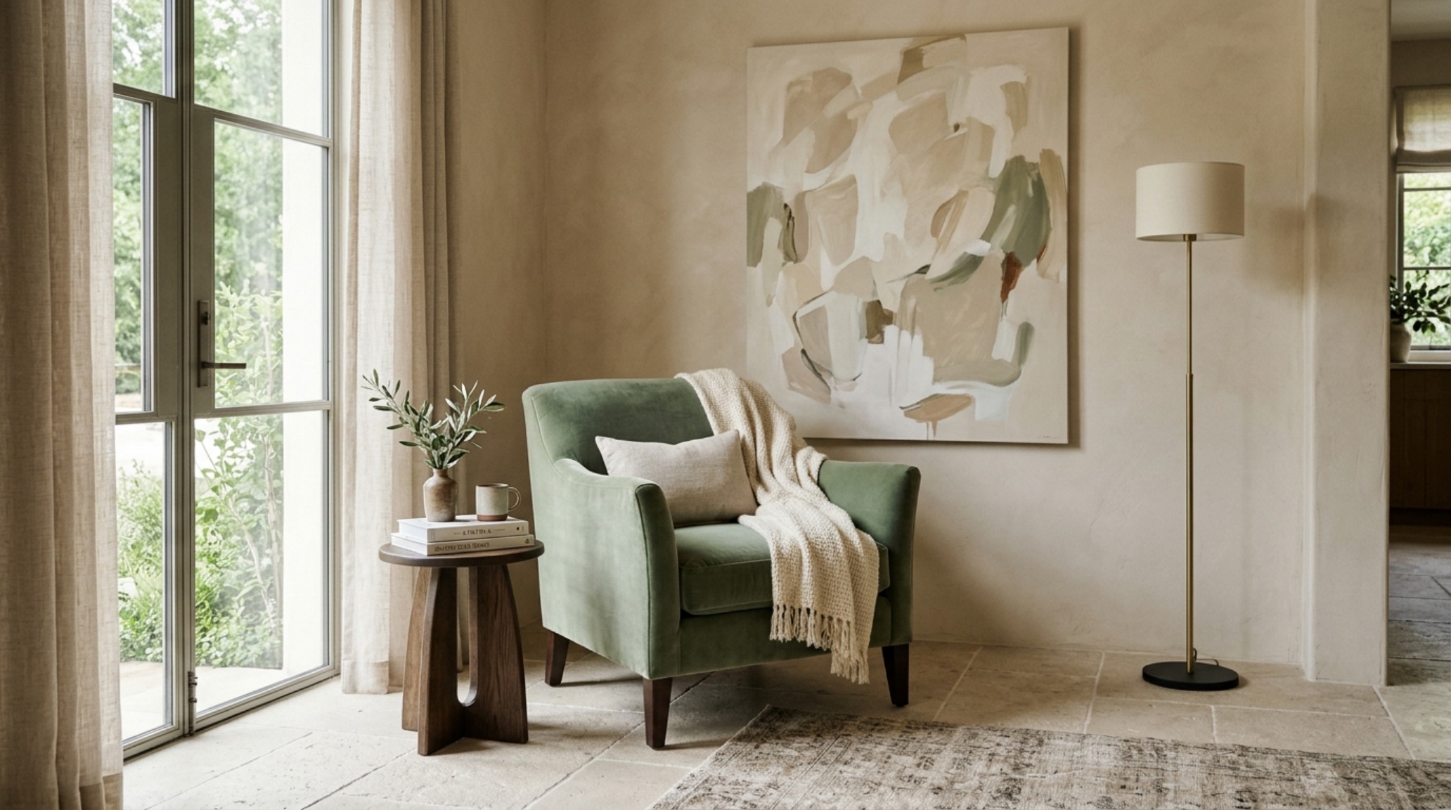 A quiet luxury interior featuring a sage green velvet armchair paired with a minimalist beige side table and a limestone floor.