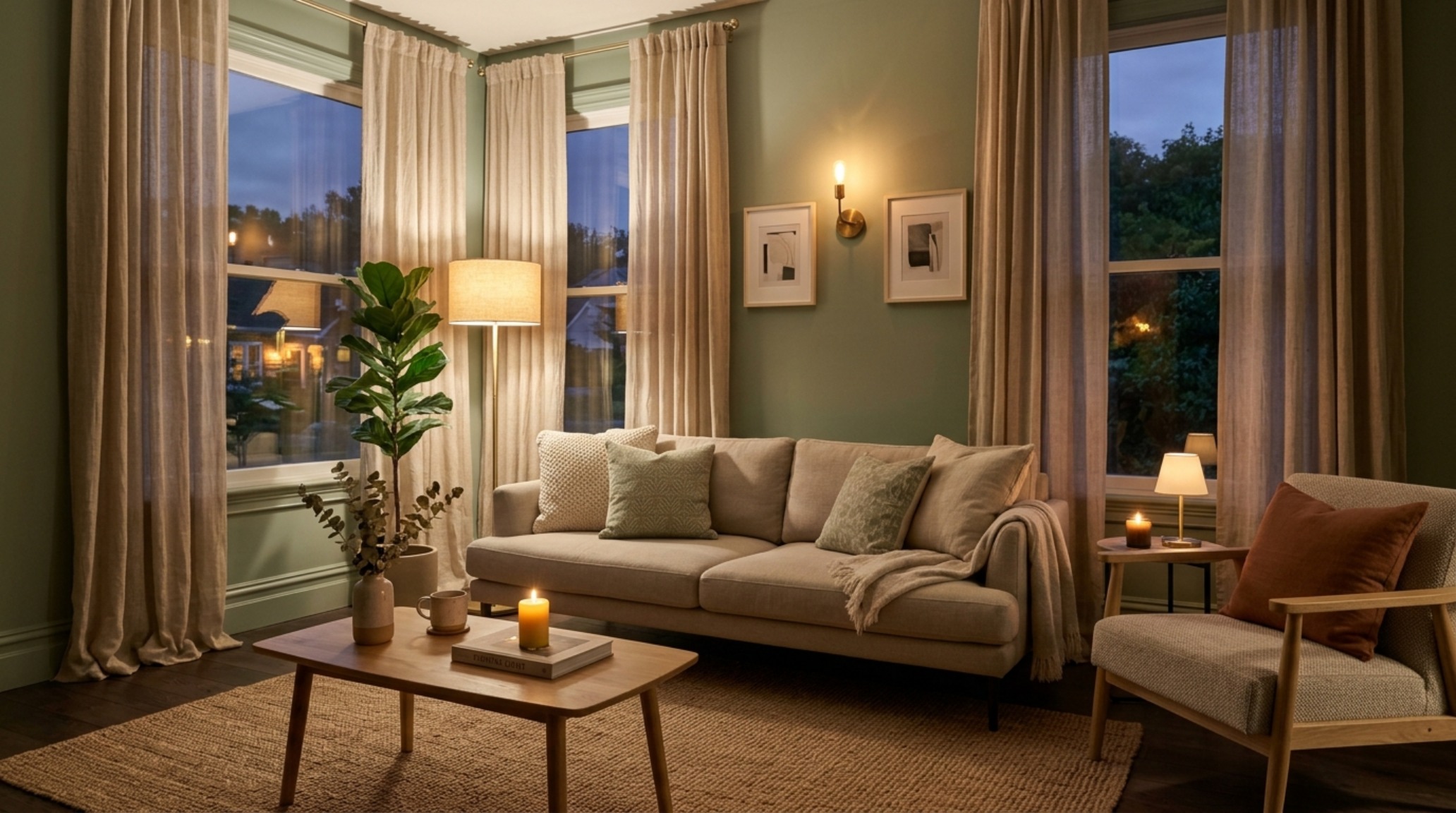 Modern living room layout with large floor-to-ceiling windows, sheer sand-colored curtains, and a soft sage green and beige color palette.