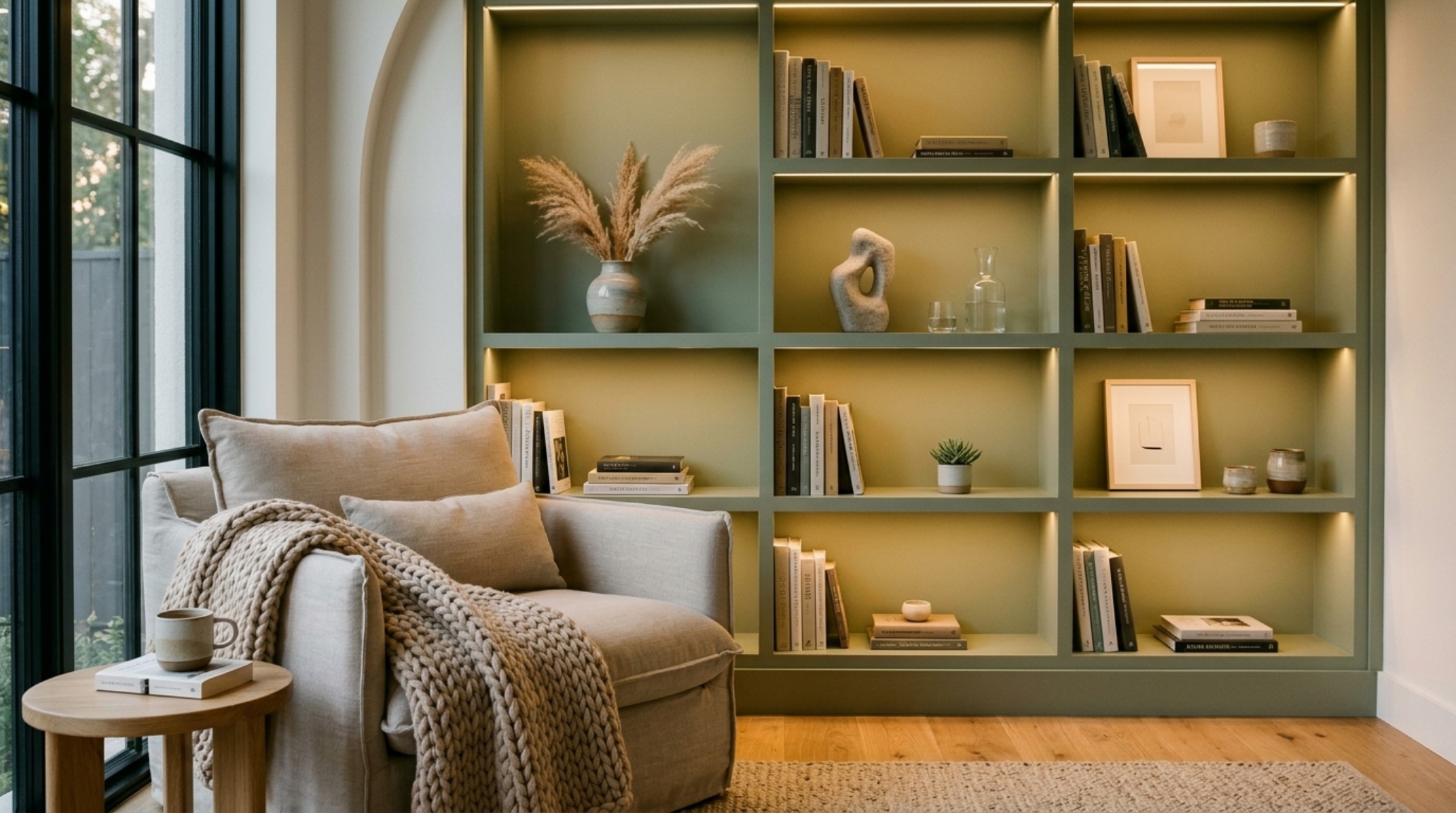 Cozy reading nook with a sage green built-in bookshelf, a beige wool throw, and a warm 2700K directional wall sconce.