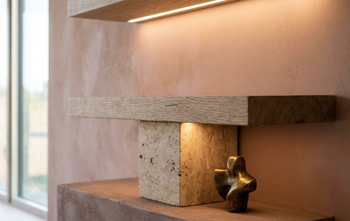 A close-up of a sand-blasted white oak floating shelf against a Farrow and Ball Setting Plaster wall, featuring a 2700K integrated LED light washing over a travertine bowl and brass object.
