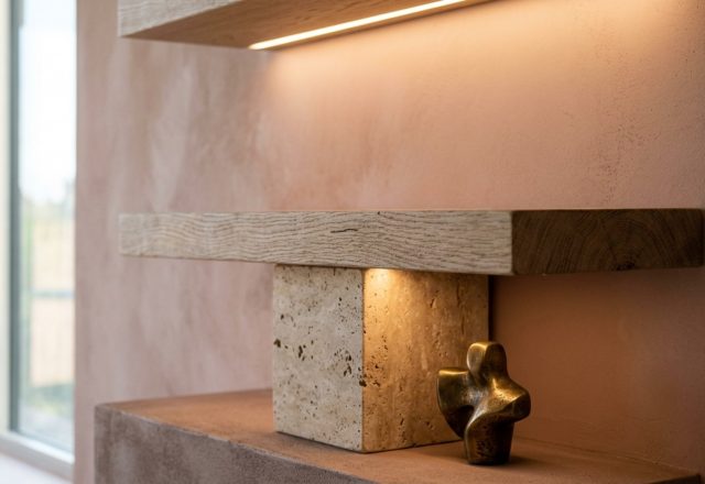 A close-up of a sand-blasted white oak floating shelf against a Farrow and Ball Setting Plaster wall, featuring a 2700K integrated LED light washing over a travertine bowl and brass object.