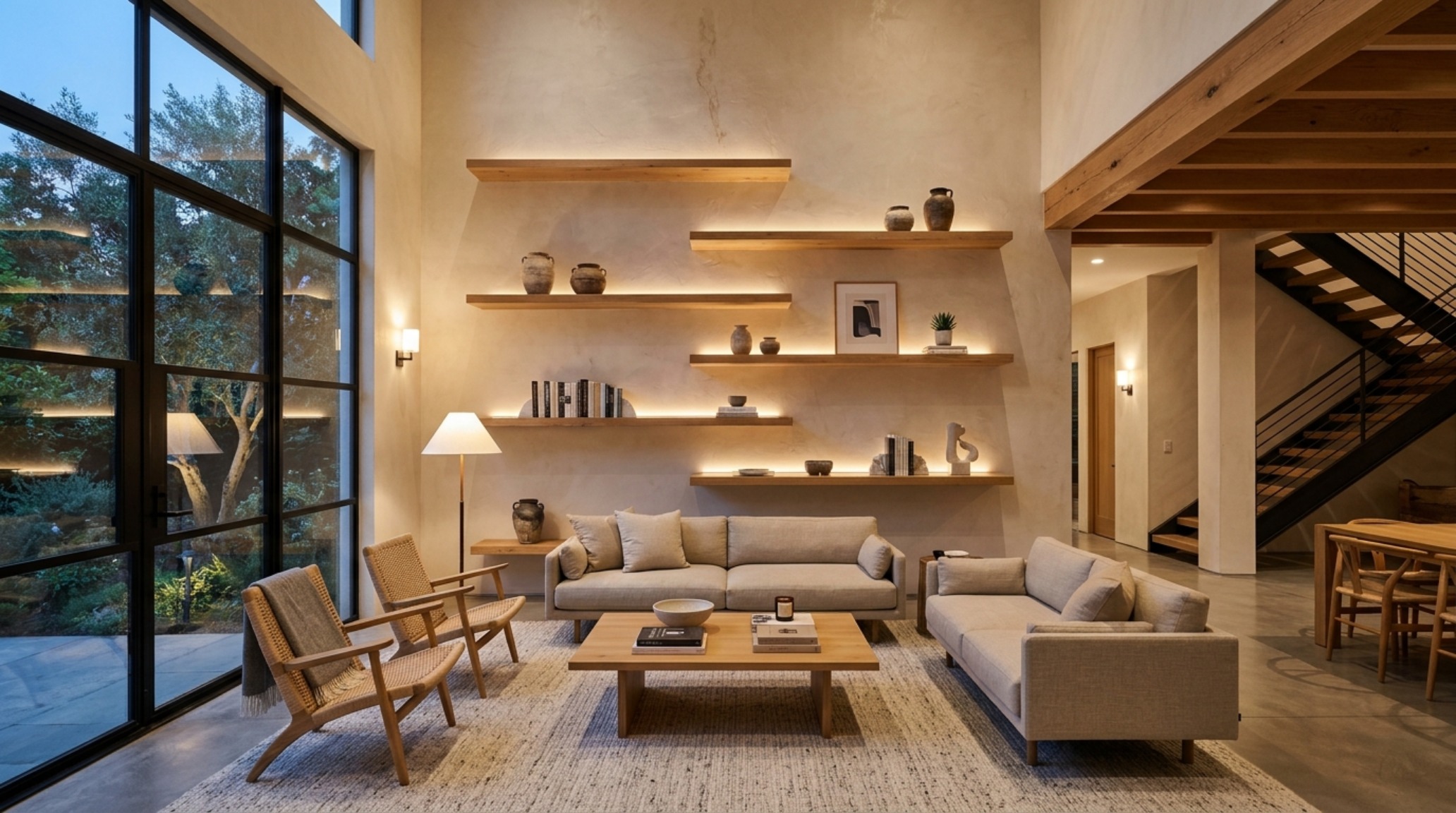 A wide-angle architectural shot showing asymmetrical living room floating shelves ideas with 36-inch walkway clearances and a mix of wood and stone materials in a minimalist interior.