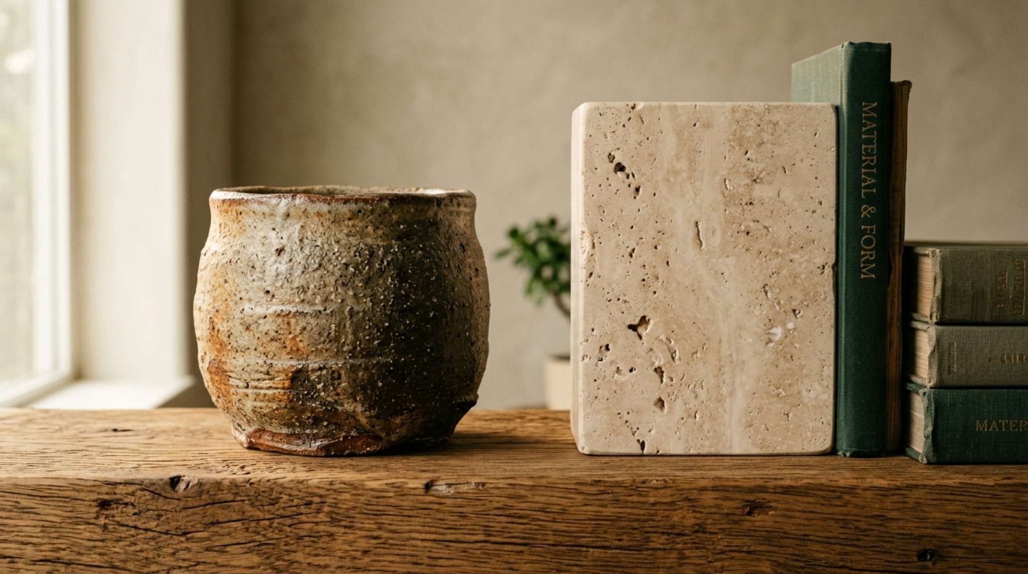 Detail of modern wall shelves styling with a focus on tactile grounding: a honed travertine bookend and hand-thrown ceramic vase on a thick wood wall shelf.