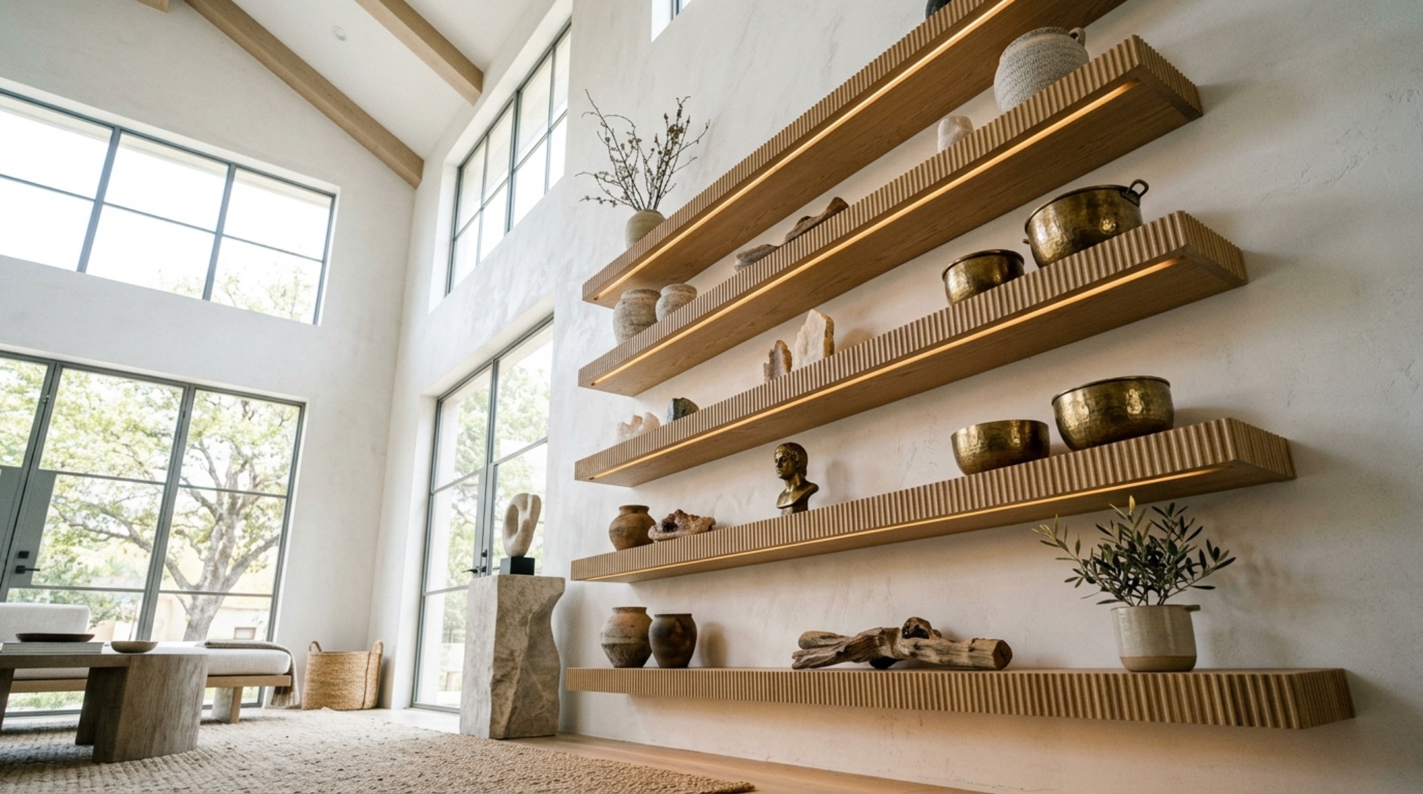 Editorial perspective of organic modern shelf styling featuring fluted oak shelves and brushed brass accents against a limewash wall in a luxury living room.