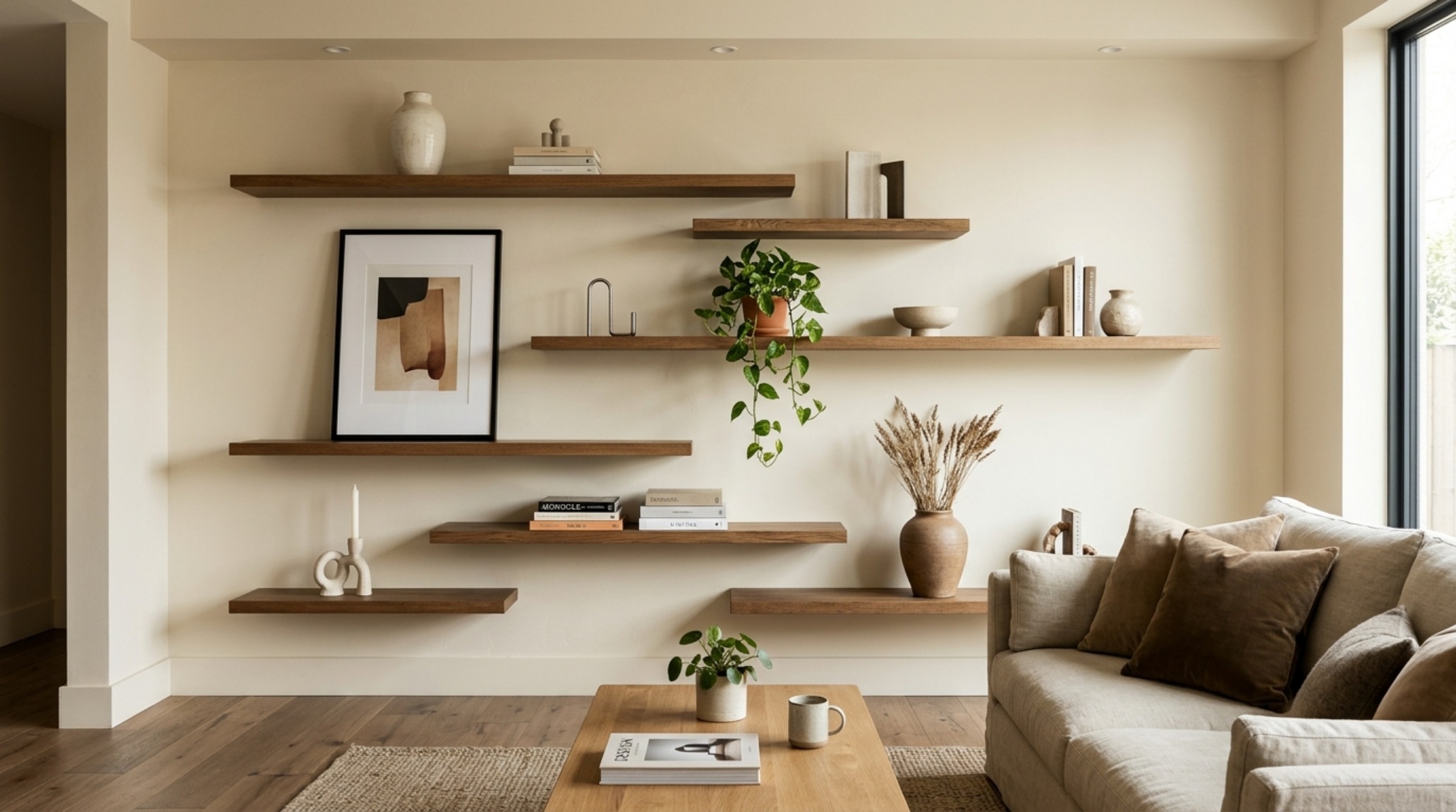 Spatial arrangement of wood wall shelves living room showcasing negative space and varied object heights for a curated maximalist look.