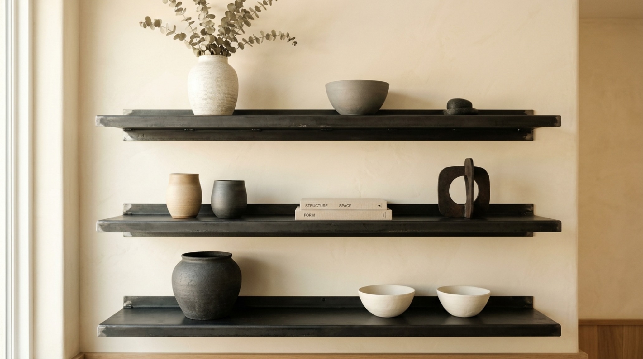 High-contrast design featuring blackened steel minimalist storage solutions against a soft neutral wall, highlighting structural precision and sightline alignment.