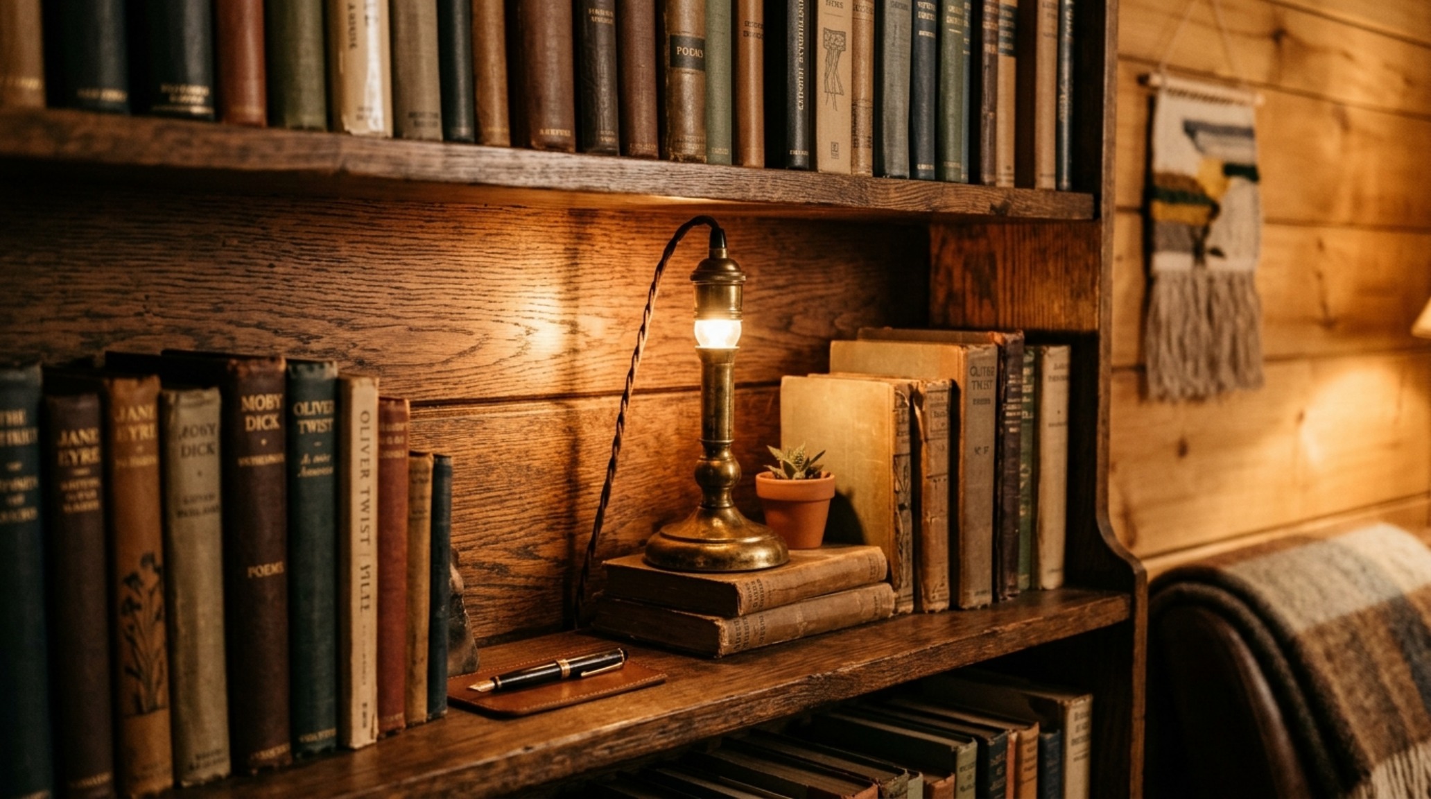 Curated trinket shelves in a warm lit corner, demonstrating the use of high CRI 90+ lighting to enhance the natural colors of wood and stone decor.