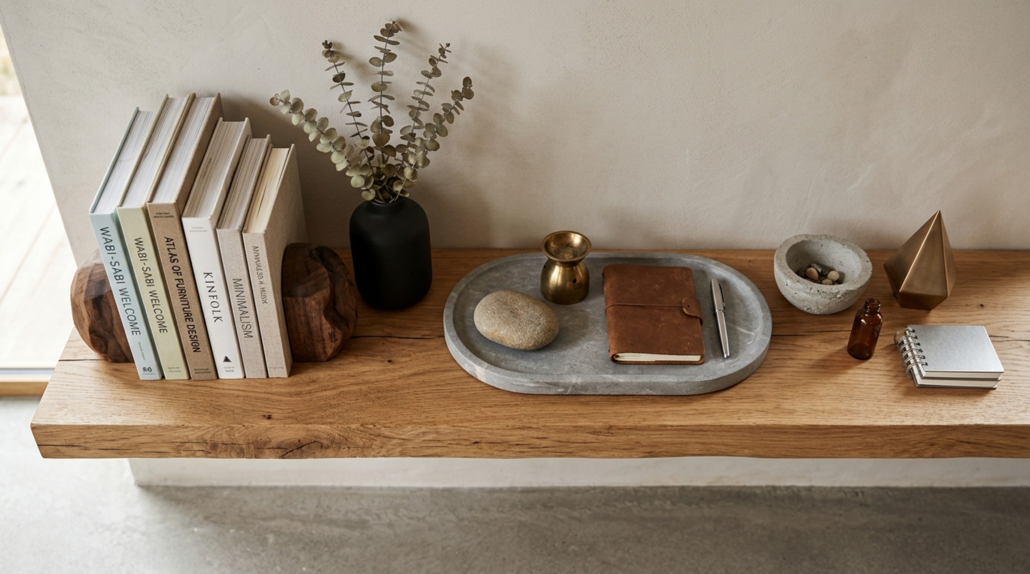 Architectural detail of small object display shelves with 18-inch vertical spacing, featuring a mix of vintage books and contemporary sculptural art.