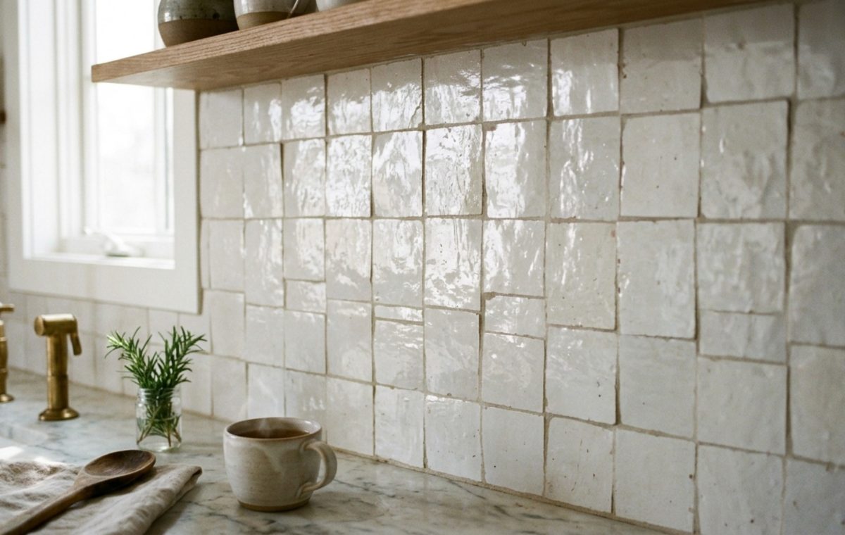 zellige tile kitchen aesthetics featuring hand-hewn white clay tiles with a high-gloss pearlescent glaze and minimal grout lines.