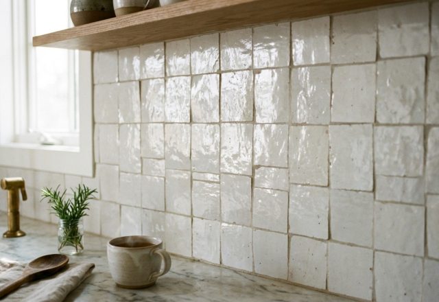 zellige tile kitchen aesthetics featuring hand-hewn white clay tiles with a high-gloss pearlescent glaze and minimal grout lines.