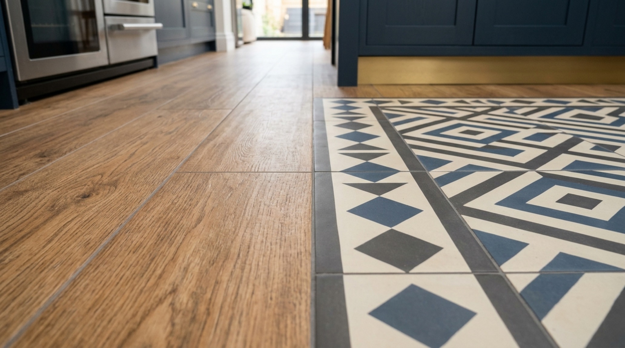 durable kitchen flooring types showing a transition between light white oak flooring and hexagonal porcelain tiles.