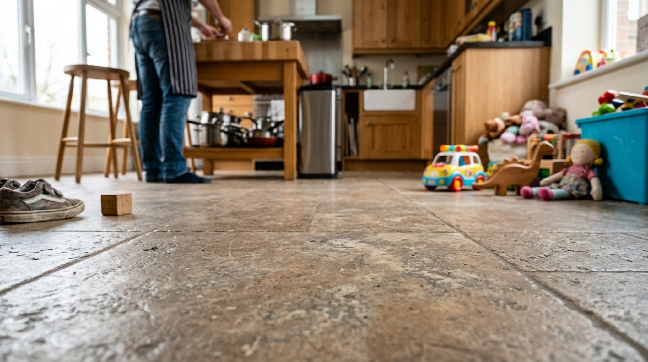 best tile for high traffic kitchens in a mid-tone 'greige' sandblasted finish perfect for busy family zones.