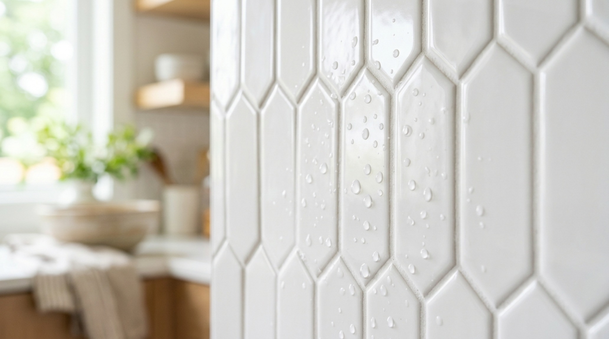 low maintenance kitchen tiles showcasing a high-gloss ceramic picket tile pattern with stain-resistant epoxy grout.