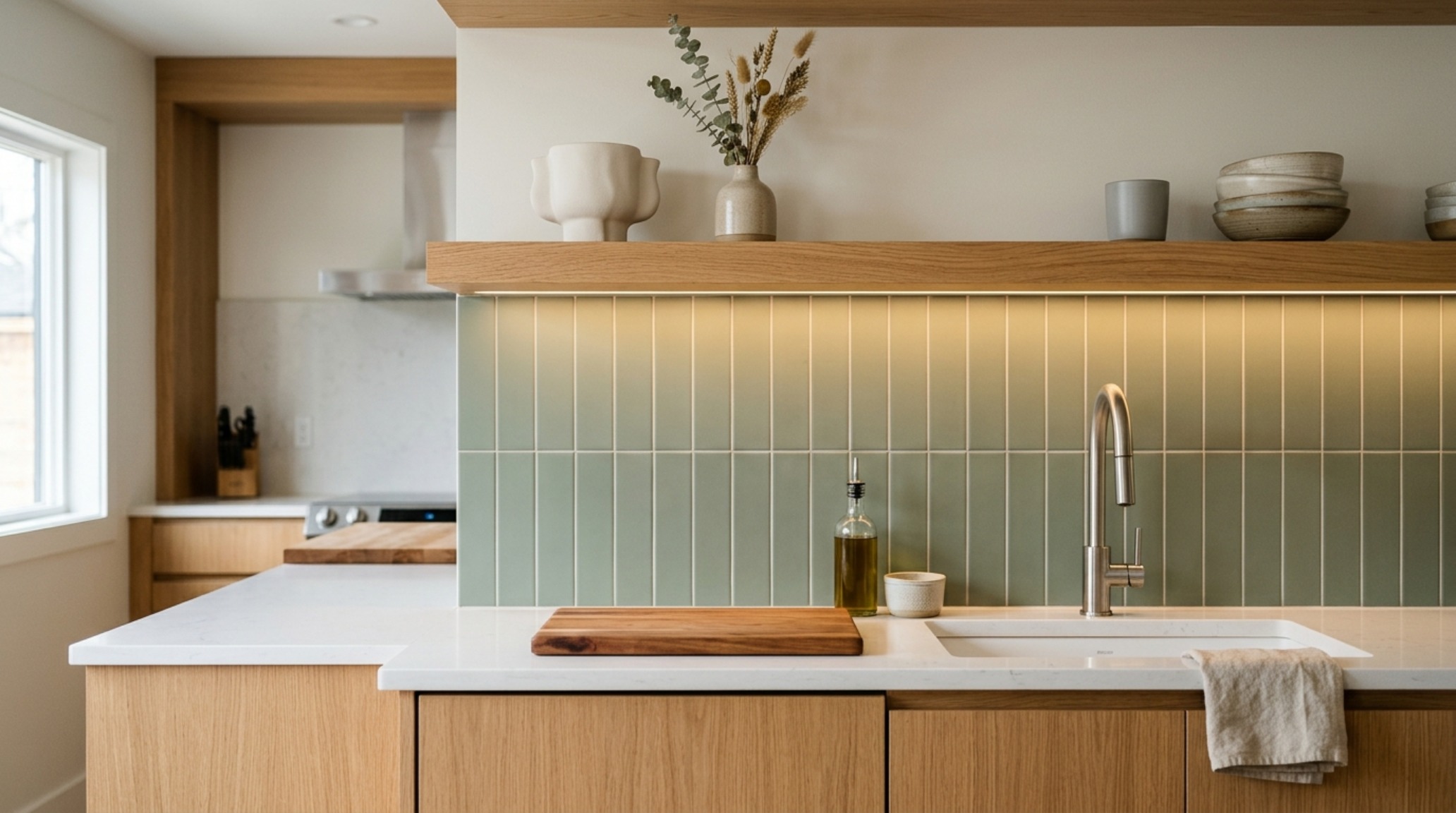 modern kitchen backsplash patterns shown in a vertical stack orientation using matte sage green elongated subway tiles.