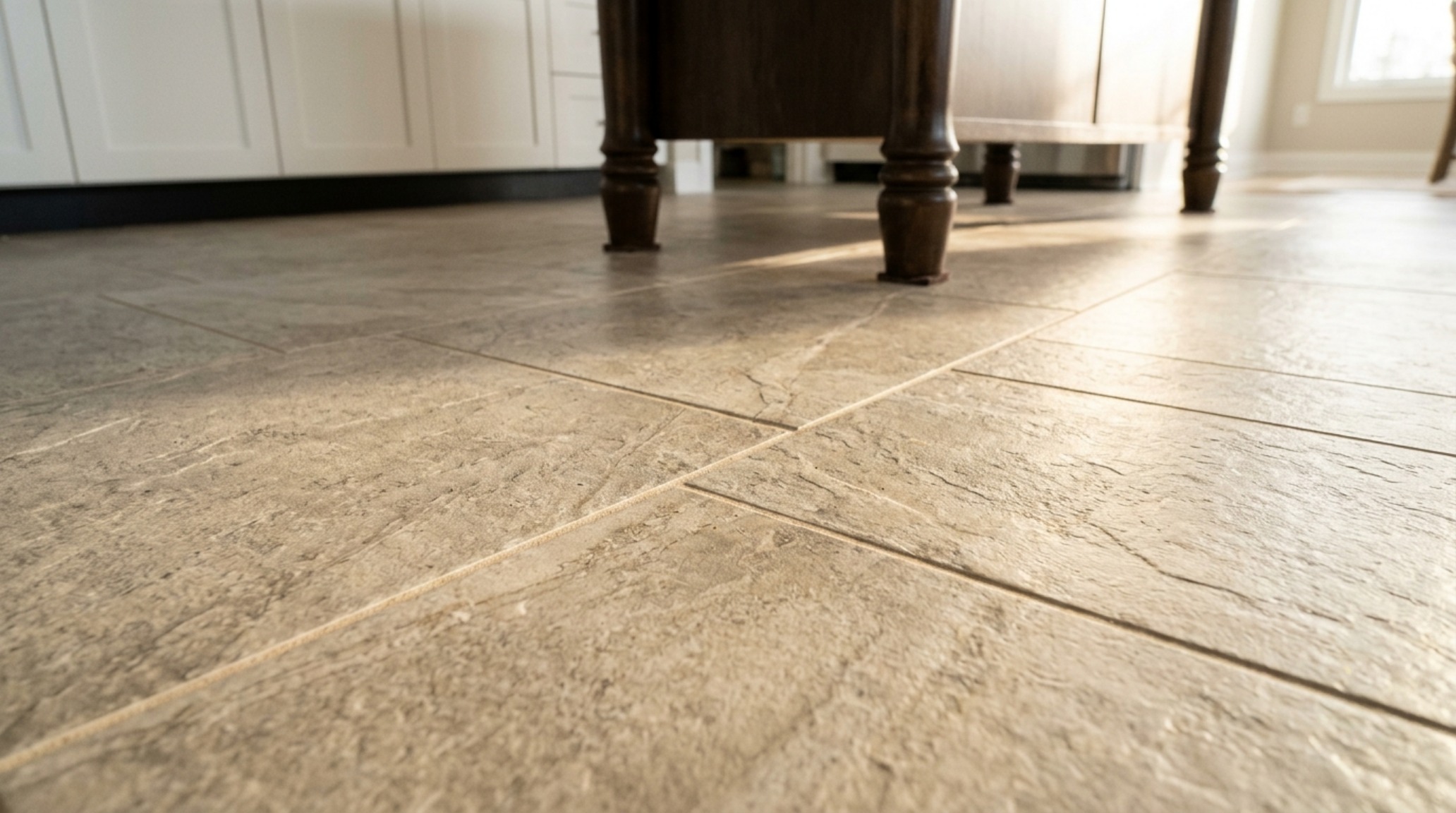 durable kitchen flooring types showcasing aged limestone-effect porcelain tiles in a large flagstone pattern.