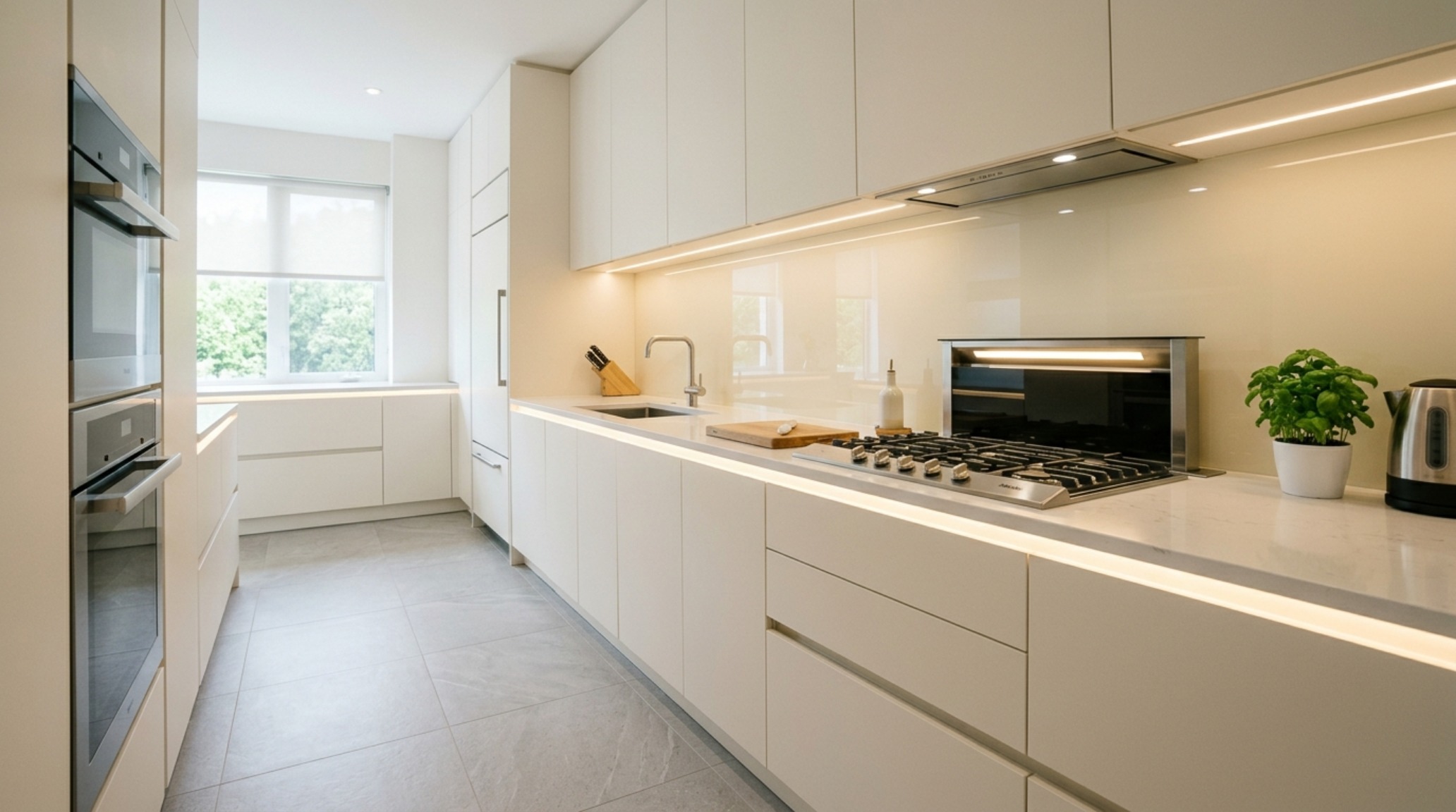 low maintenance kitchen tiles illustrated by a seamless back-painted glass backsplash in a soft 'Warm Alabaster' hue.
