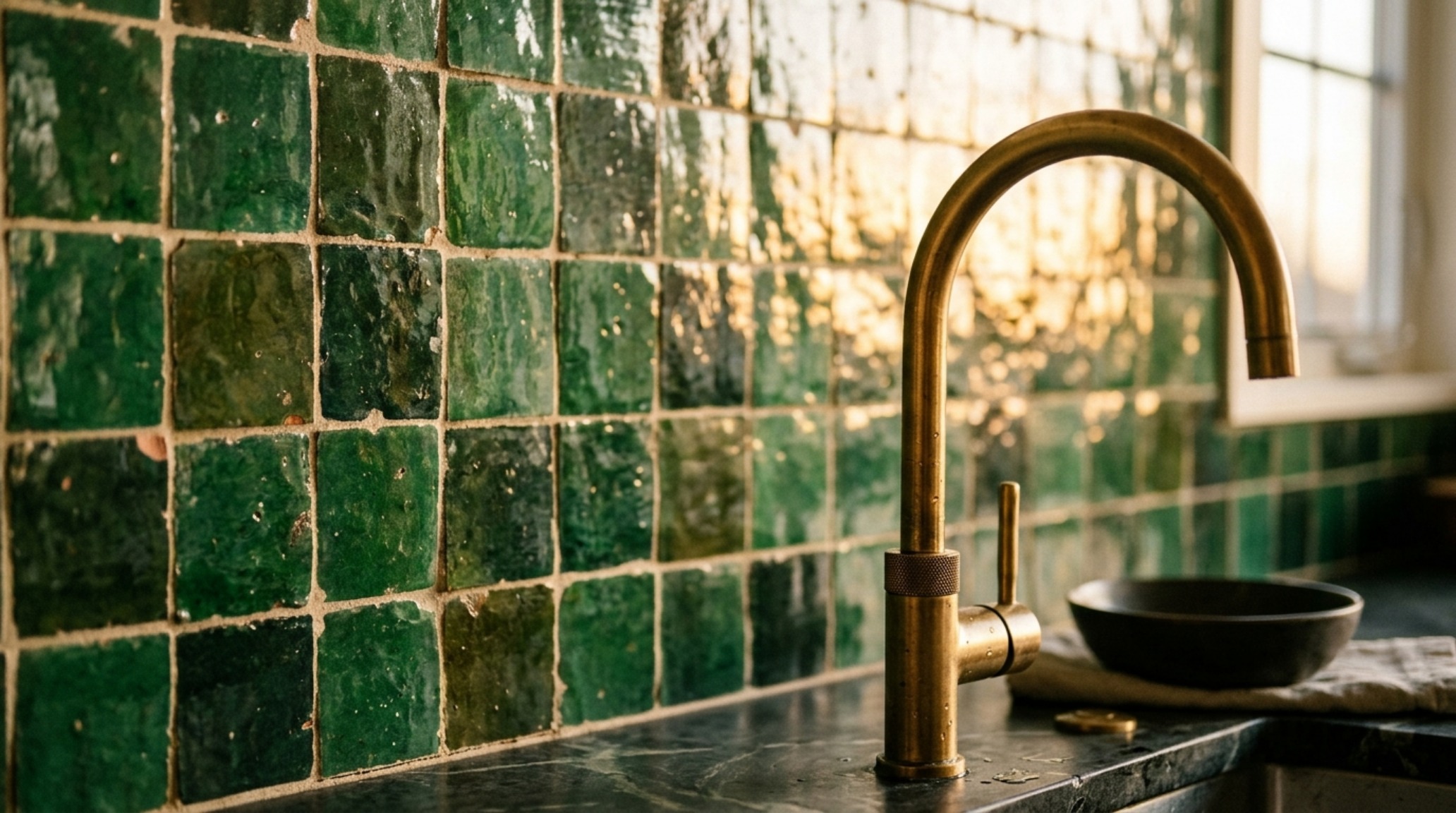 zellige tile kitchen aesthetics in a deep emerald green glaze paired with unlacquered brass hardware and walnut cabinetry.