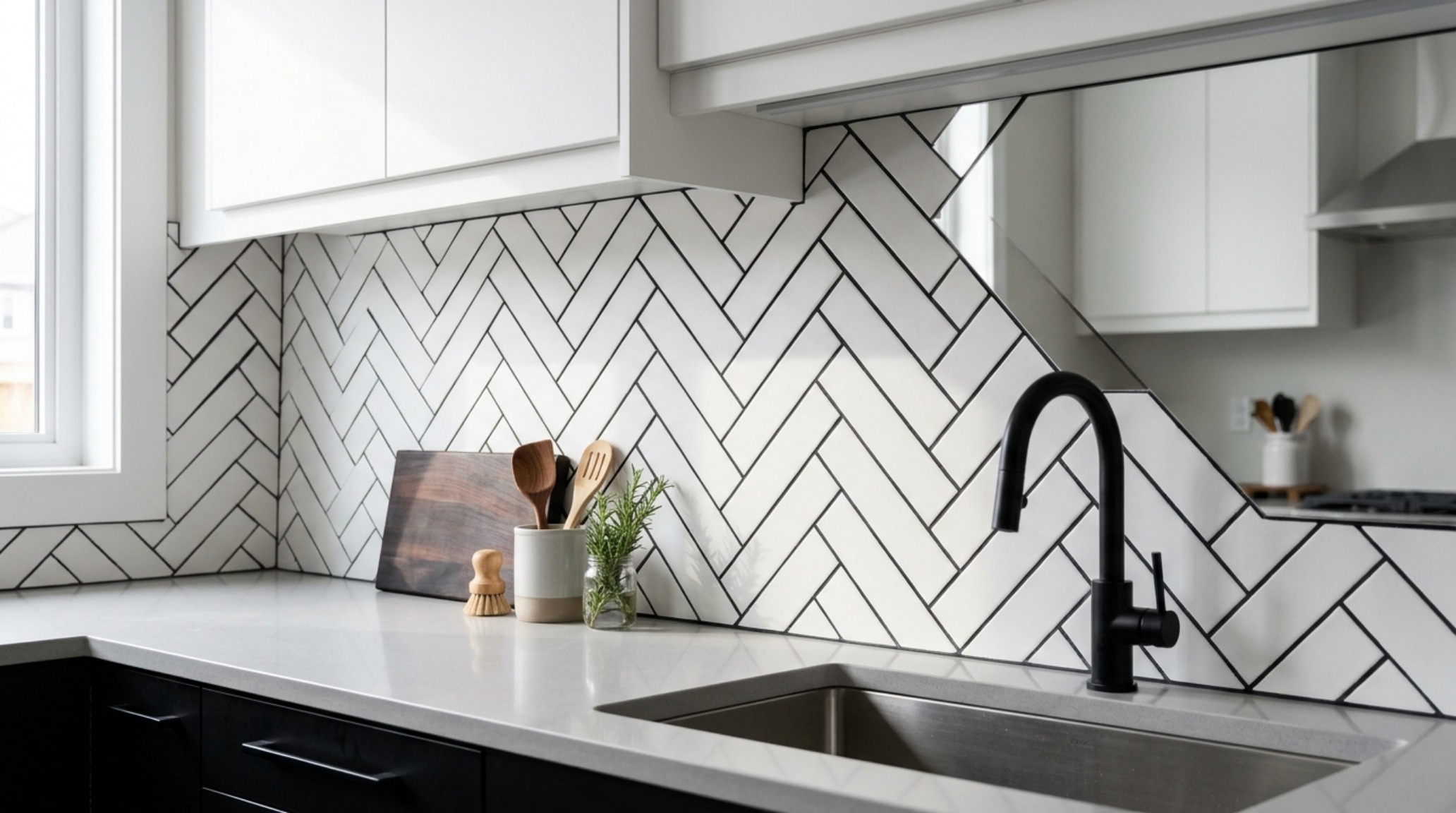 modern kitchen backsplash patterns featuring a sophisticated oversized herringbone layout in a matte terracotta finish.