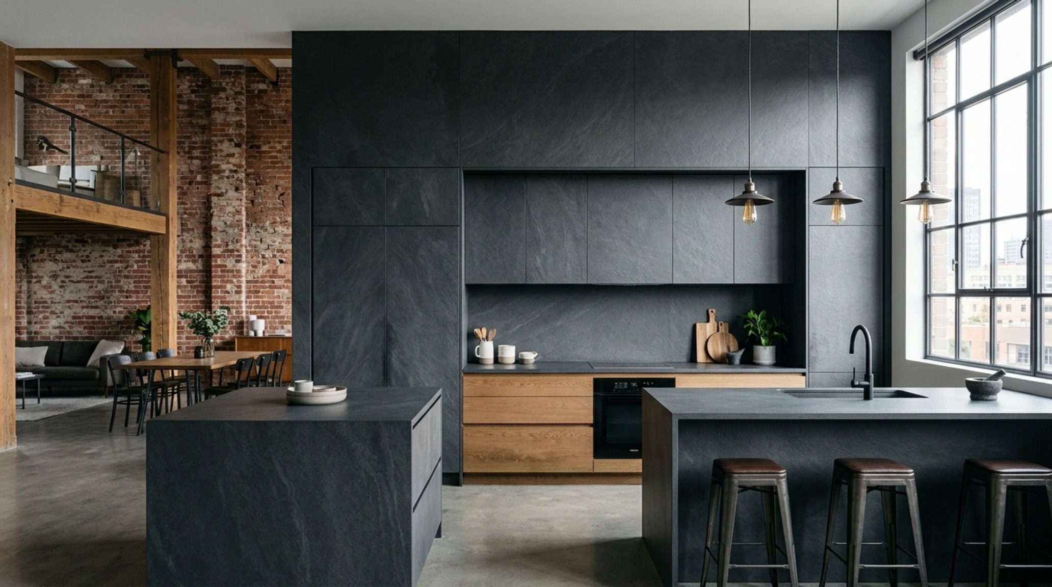 large format porcelain slabs with a textured slate appearance used in a contemporary minimalist kitchen design.