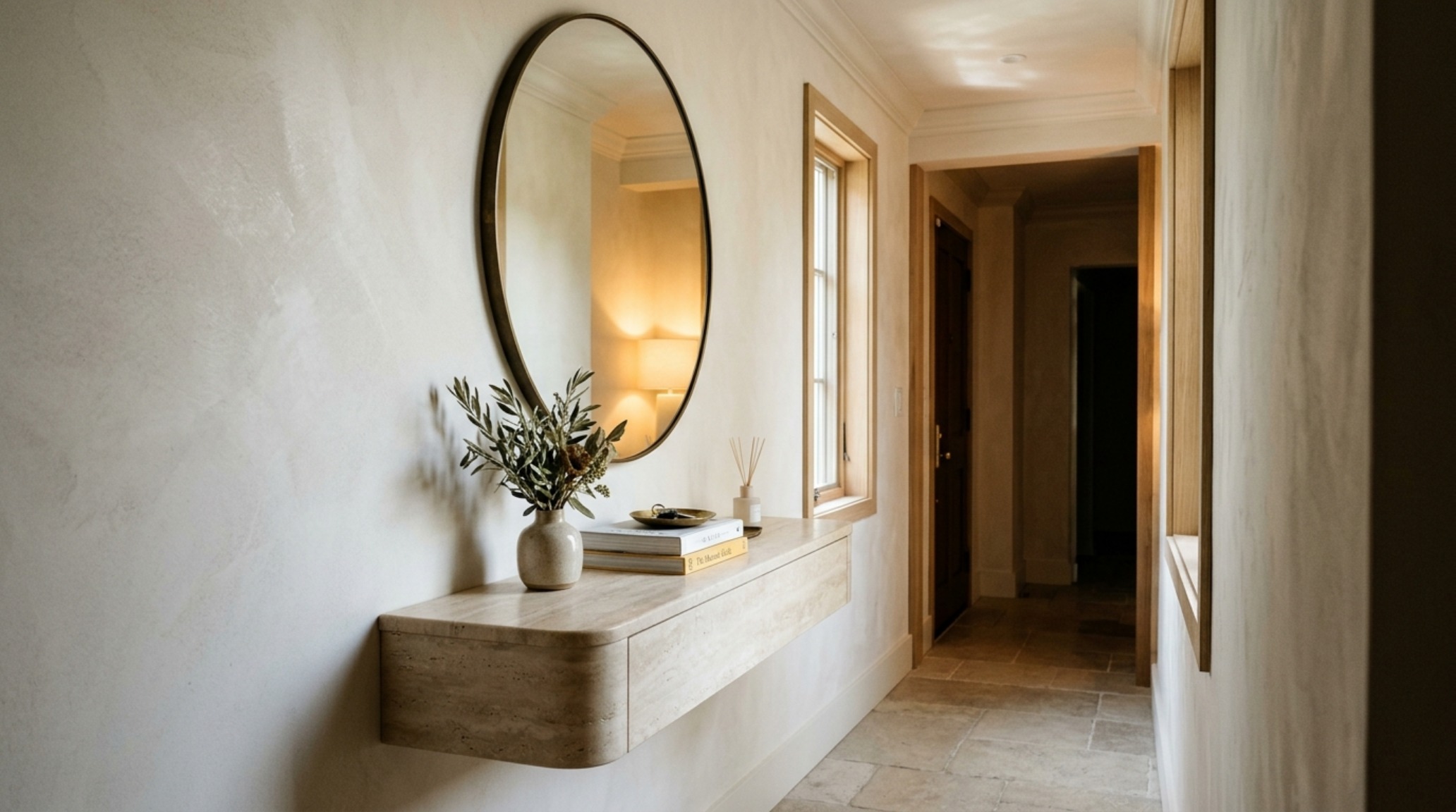 A narrow entryway featuring a floating rounded travertine console and a large circular mirror reflecting warm 2700K light on limewash walls.