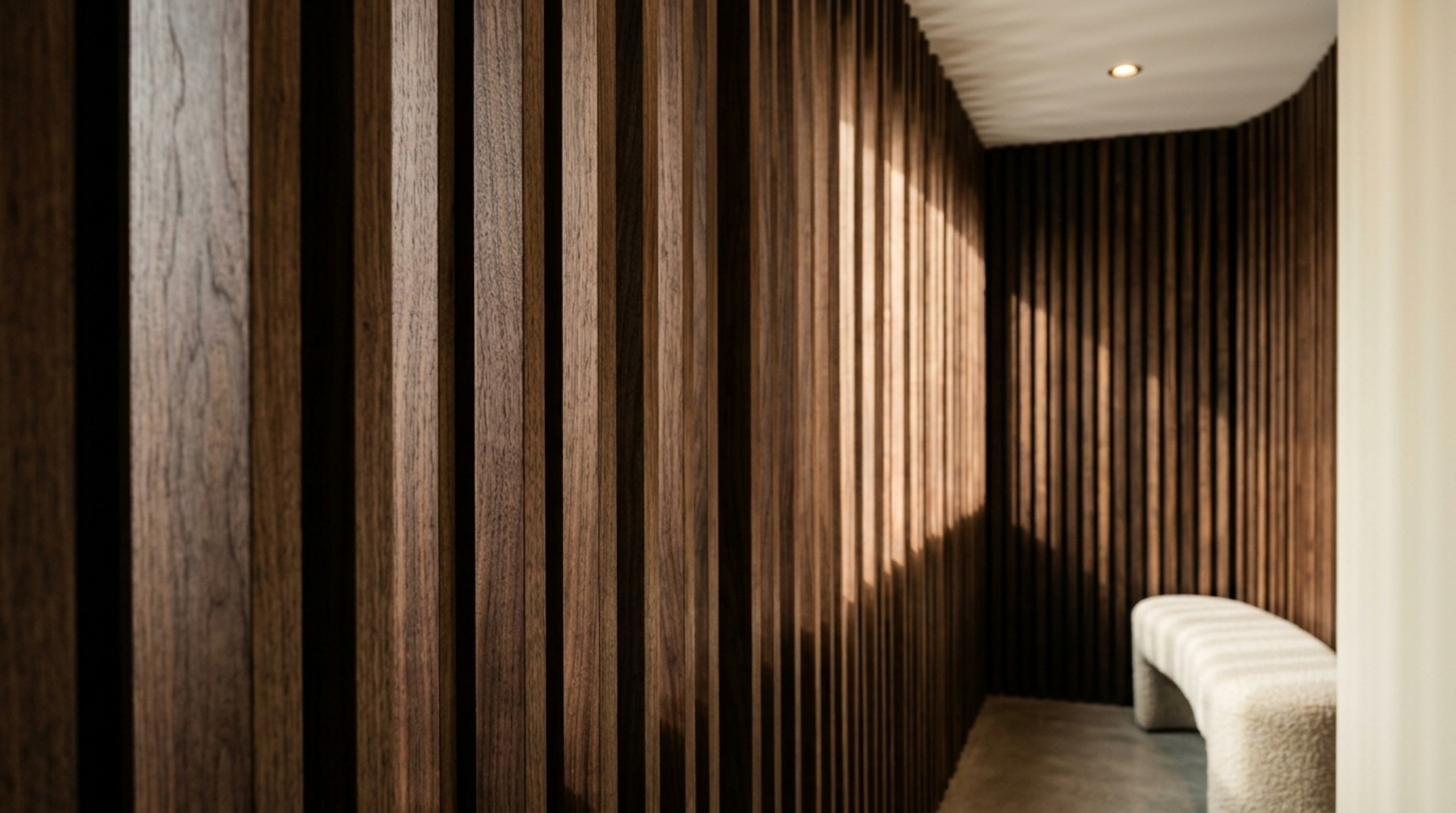 Detail shot of vertical walnut slats behind a minimalist bench, showing the interplay of shadow and natural wood grain in a small foyer.