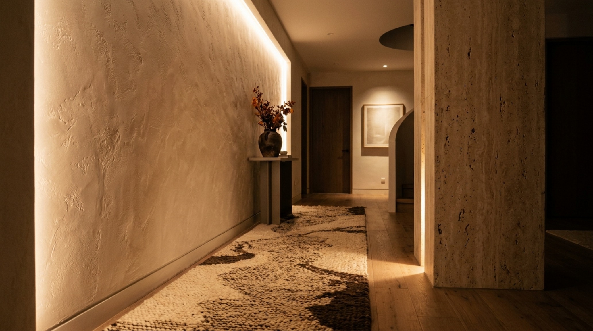 Atmospheric lighting in a hallway with 2700K recessed fixtures illuminating a textured runner and a stone console table.