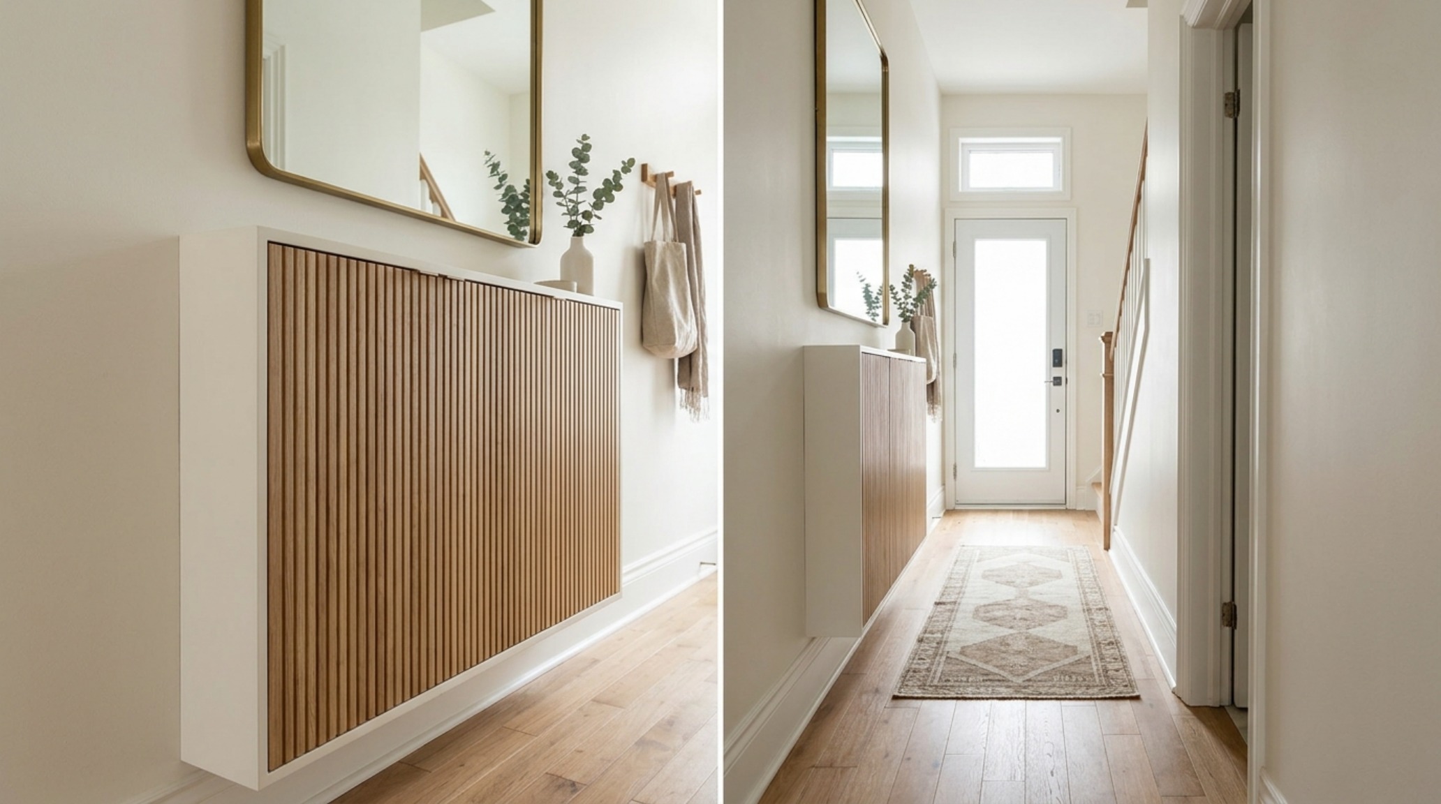 Slim, custom-built shoe cabinet in a narrow hallway, color-drenched in a warm off-white to match the walls for a seamless storage solution.