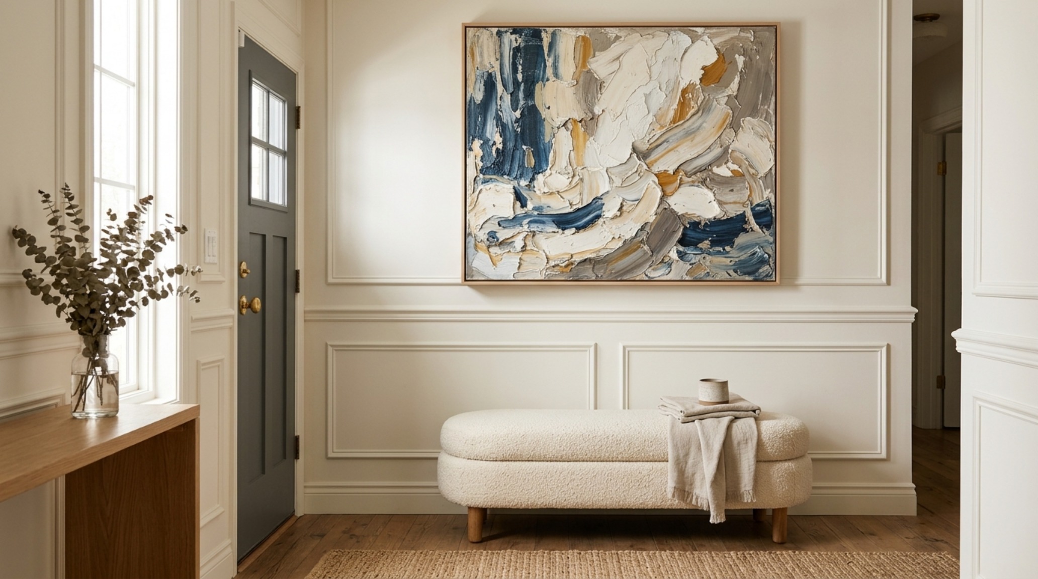 A sculptural boucle bench positioned under a minimalist art piece in a high-end designer foyer with soft directional lighting.
