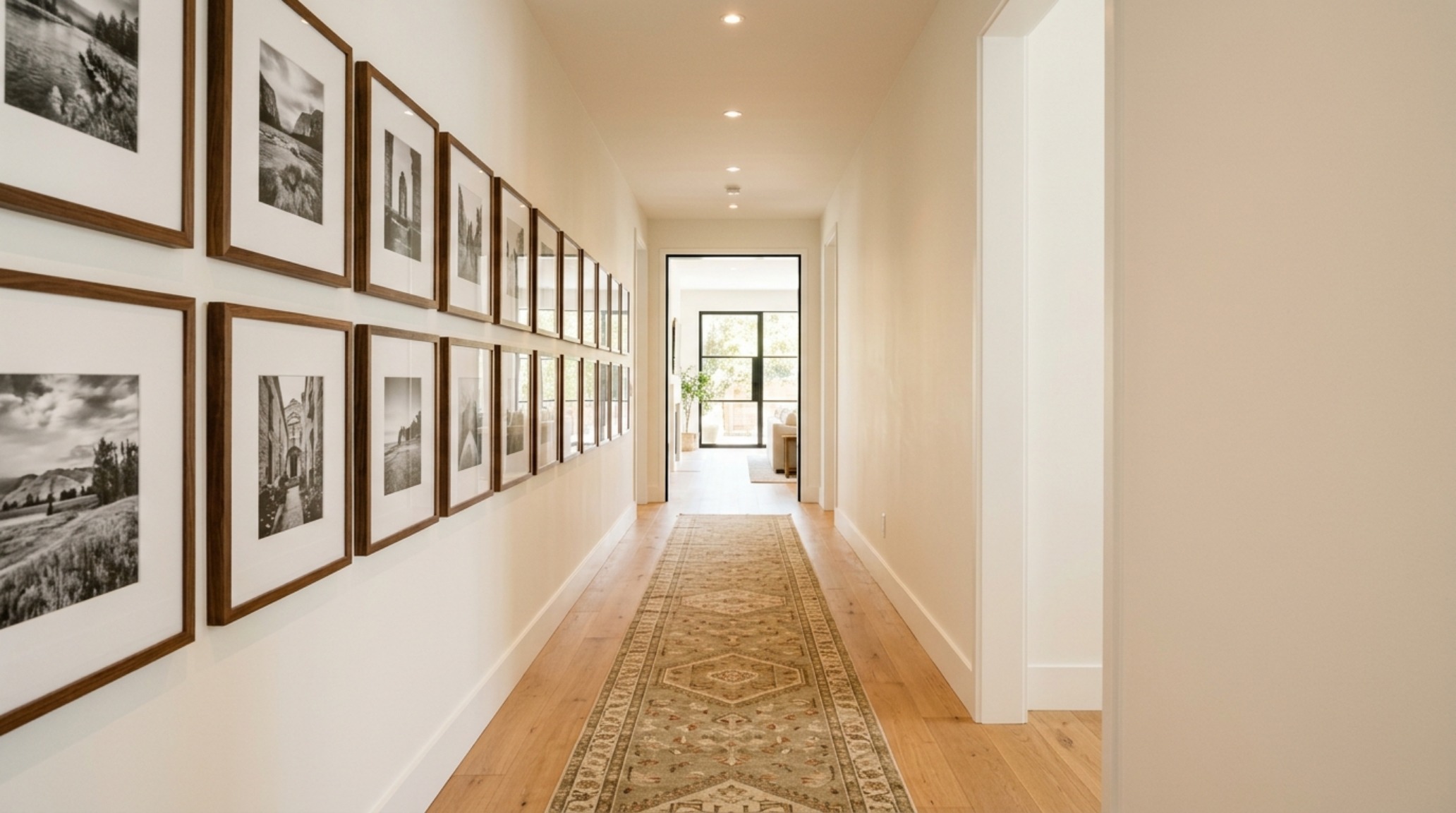 Overhead view of a narrow hallway runner rug with an organic pattern, leading the eye toward a bright, sun-drenched living area.