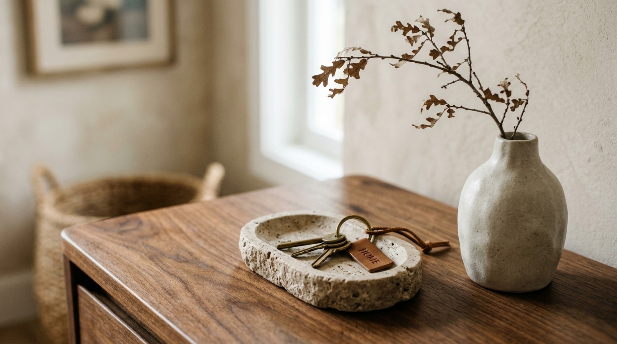Close-up of a honed travertine tray and sculptural ceramic vase on a walnut console table, emphasizing tactile luxury.
