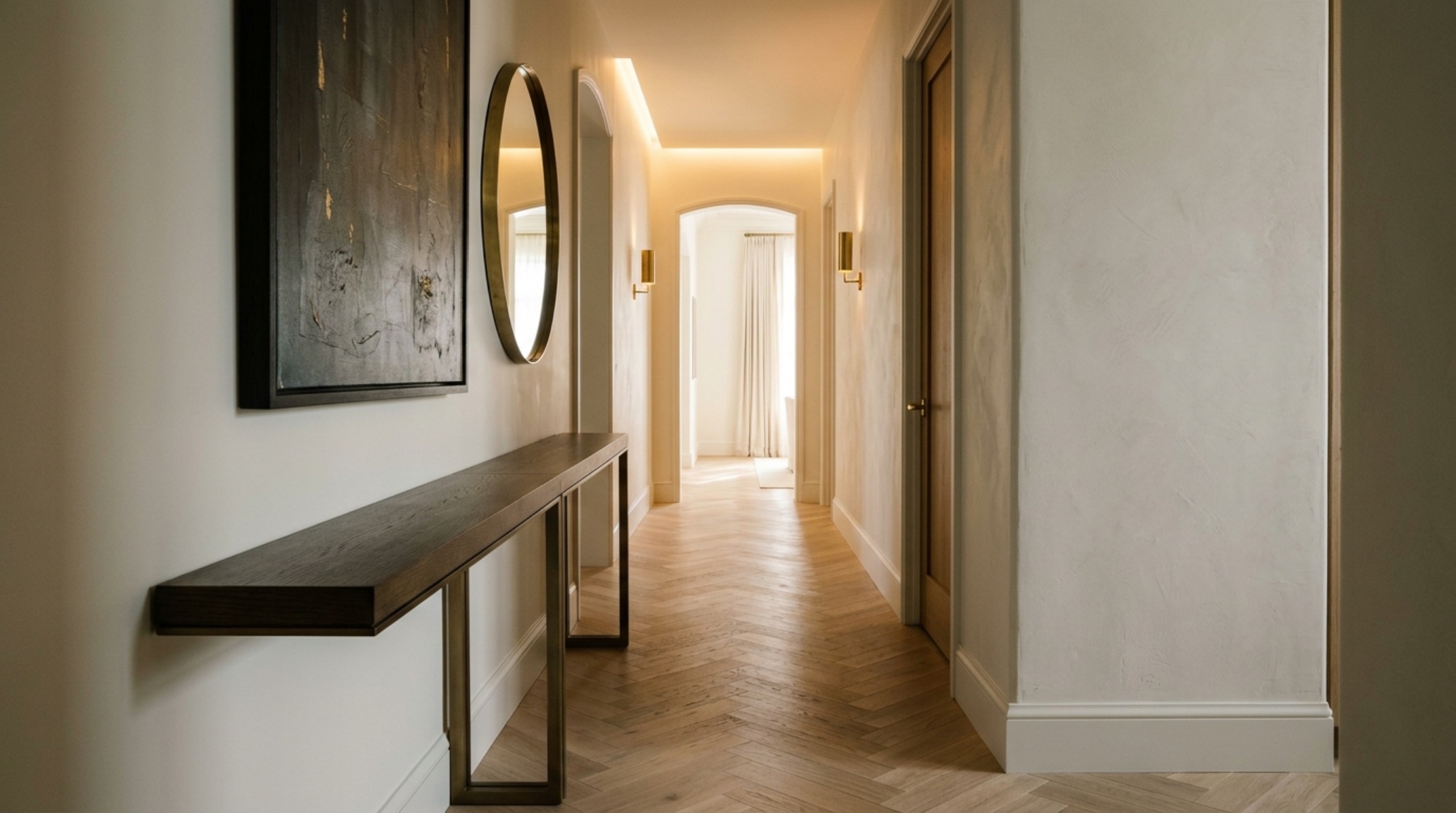 A modern entryway wall molding idea featuring clean lines and integrated warm LED strip lighting for a sophisticated transition.