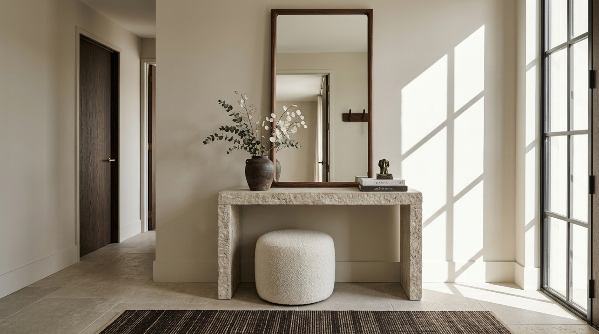 Architectural view of a small foyer with 36-inch walkway clearance, demonstrating the perfect balance of furniture scale and negative space.