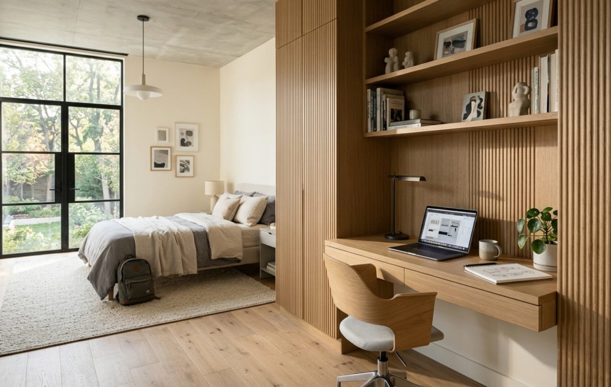 modern teen room decor featuring floor-to-ceiling integrated cabinetry in fluted white oak with a 140cm study clearance desk.