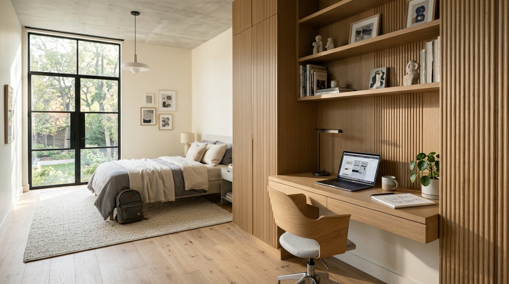 modern teen room decor featuring floor-to-ceiling integrated cabinetry in fluted white oak with a 140cm study clearance desk. modern teen room decor featuring floor-to-ceiling integrated cabinetry in fluted white oak with a 140cm study clearance desk.