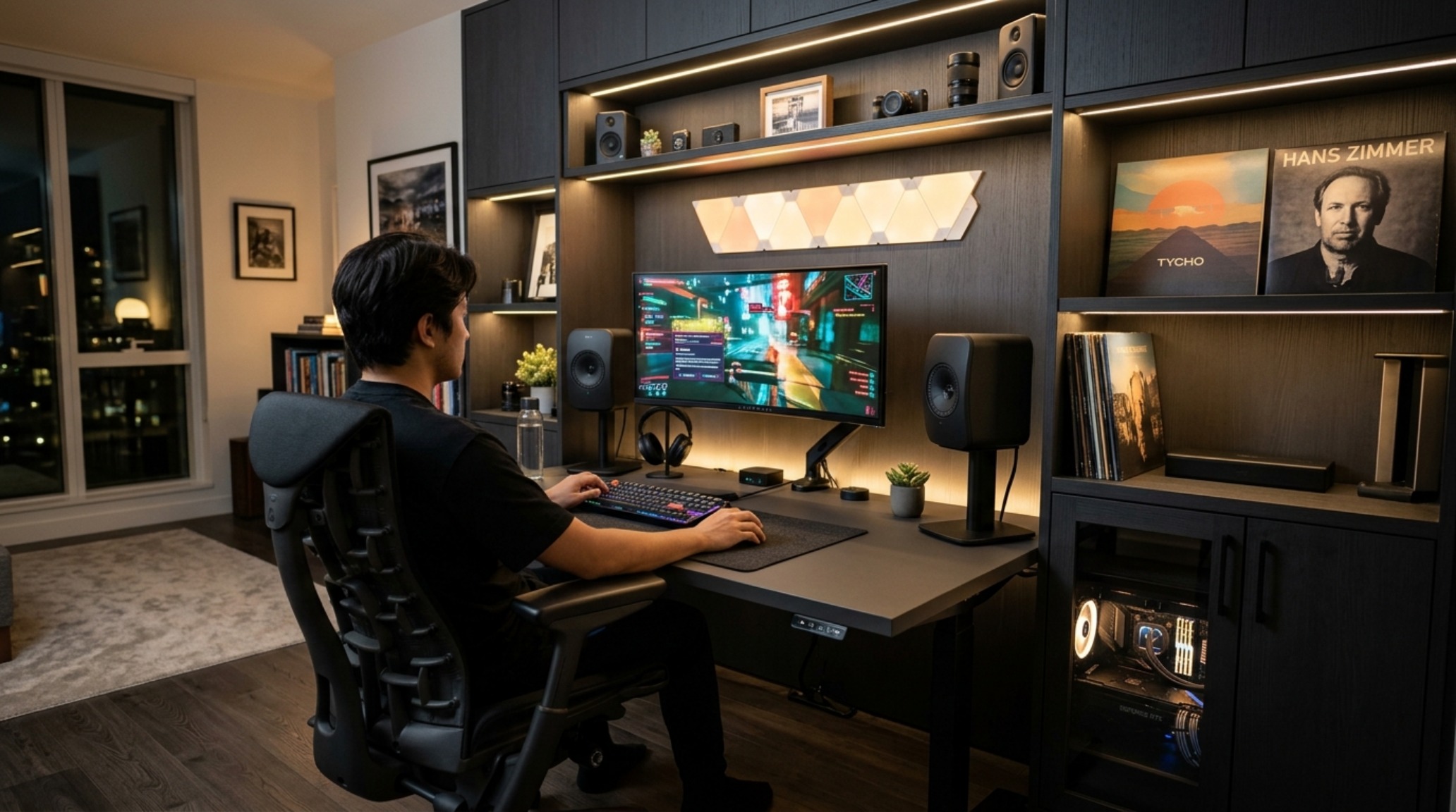 gaming room setup for teens with a dual-monitor configuration seamlessly integrated into custom charcoal-finished cabinetry. gaming room setup for teens with a dual-monitor configuration seamlessly integrated into custom charcoal-finished cabinetry.