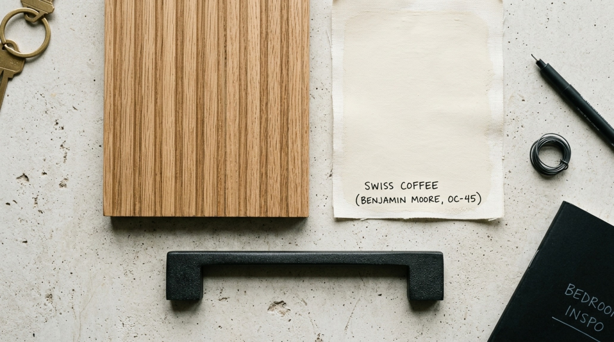 aesthetic bedroom color palettes illustrating the contrast between Benjamin Moore Swiss Coffee walls and dark, fluted wood accents. aesthetic bedroom color palettes illustrating the contrast between Benjamin Moore Swiss Coffee walls and dark, fluted wood accents.