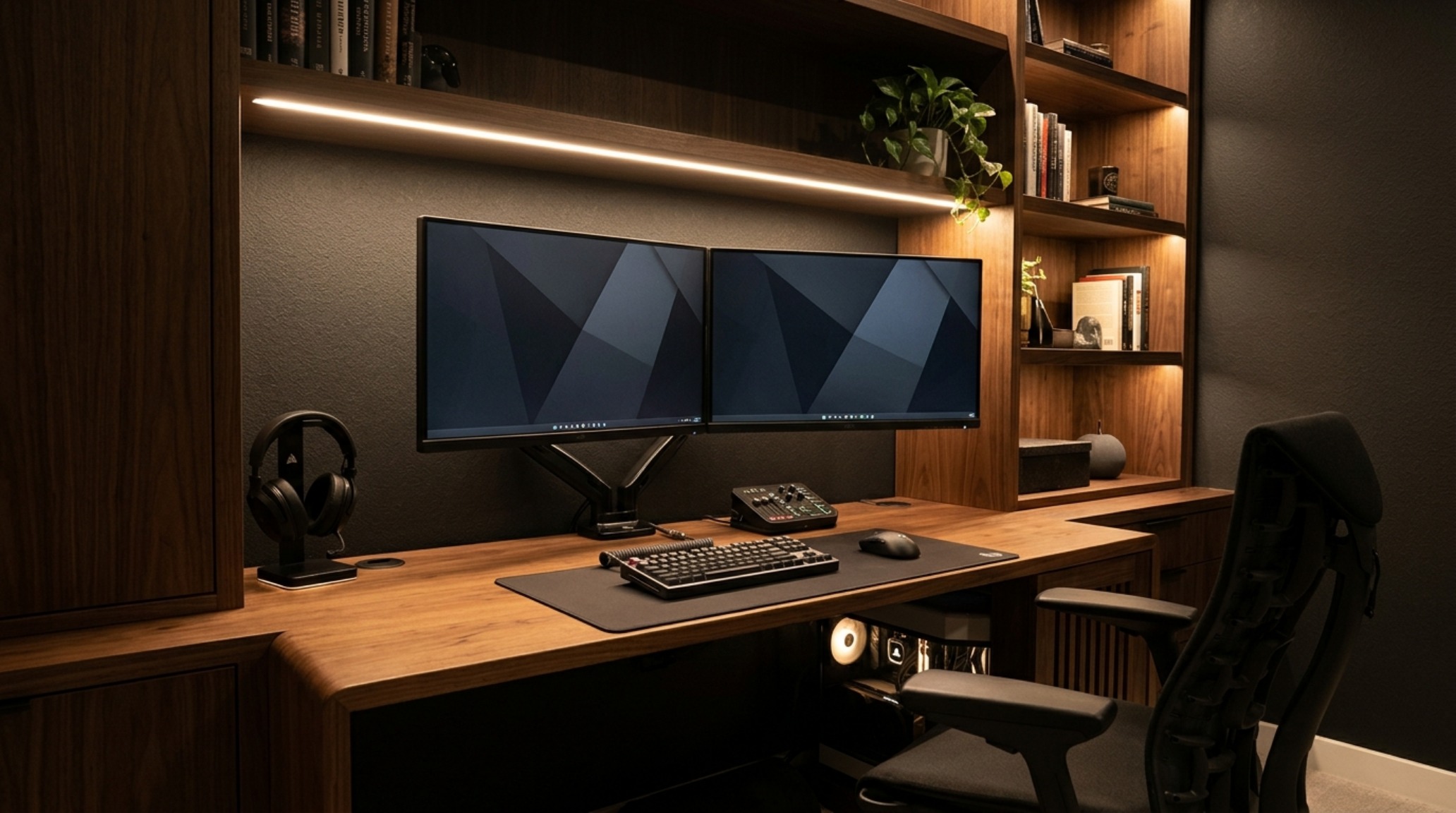 gaming room setup for teens with a 30-inch deep integrated desktop, linear LED task lighting, and concealed cable management. gaming room setup for teens with a 30-inch deep integrated desktop, linear LED task lighting, and concealed cable management.