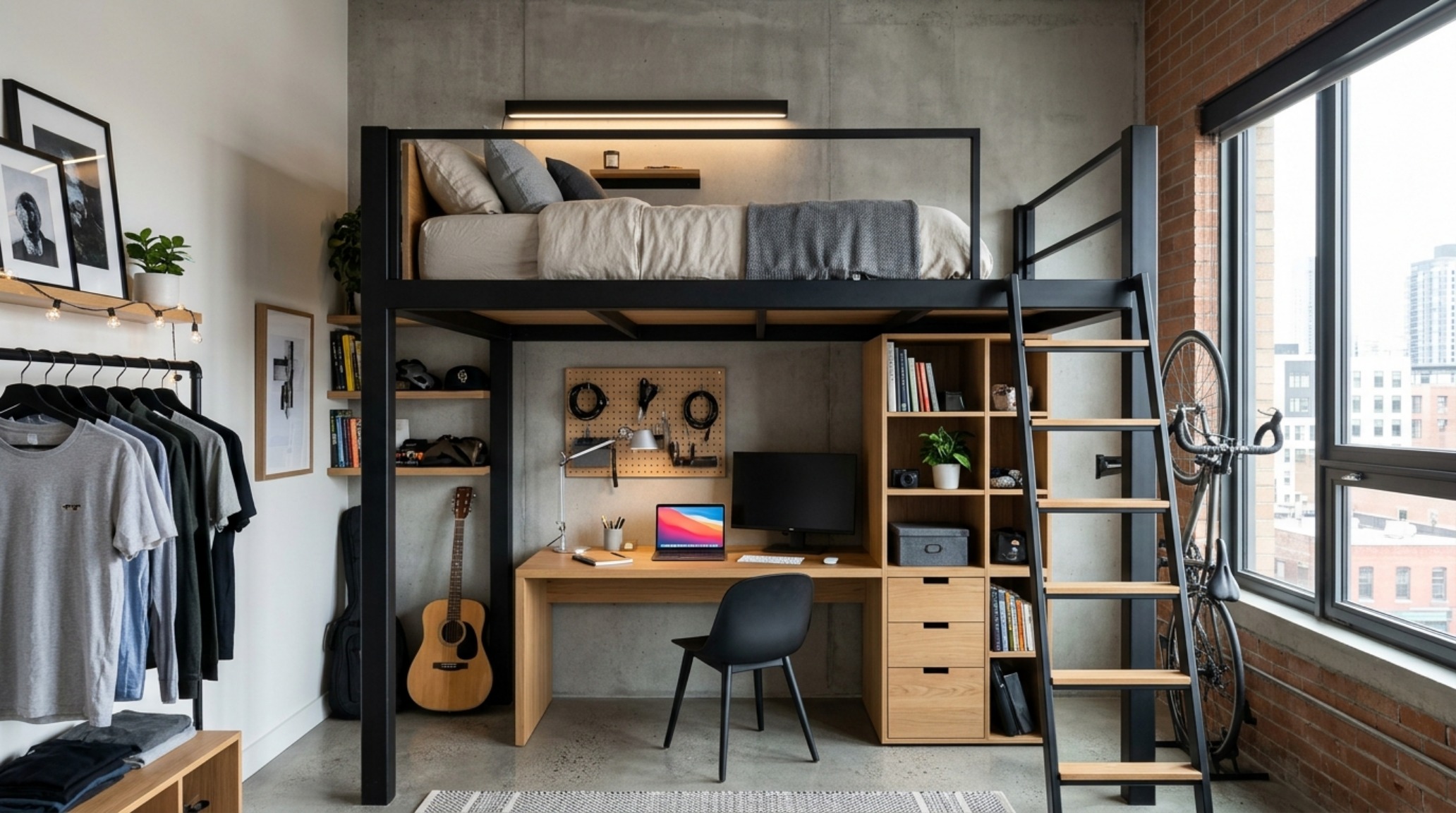 loft beds with integrated desks constructed from matte black steel frames with a dedicated home office nook underneath. loft beds with integrated desks constructed from matte black steel frames with a dedicated home office nook underneath.